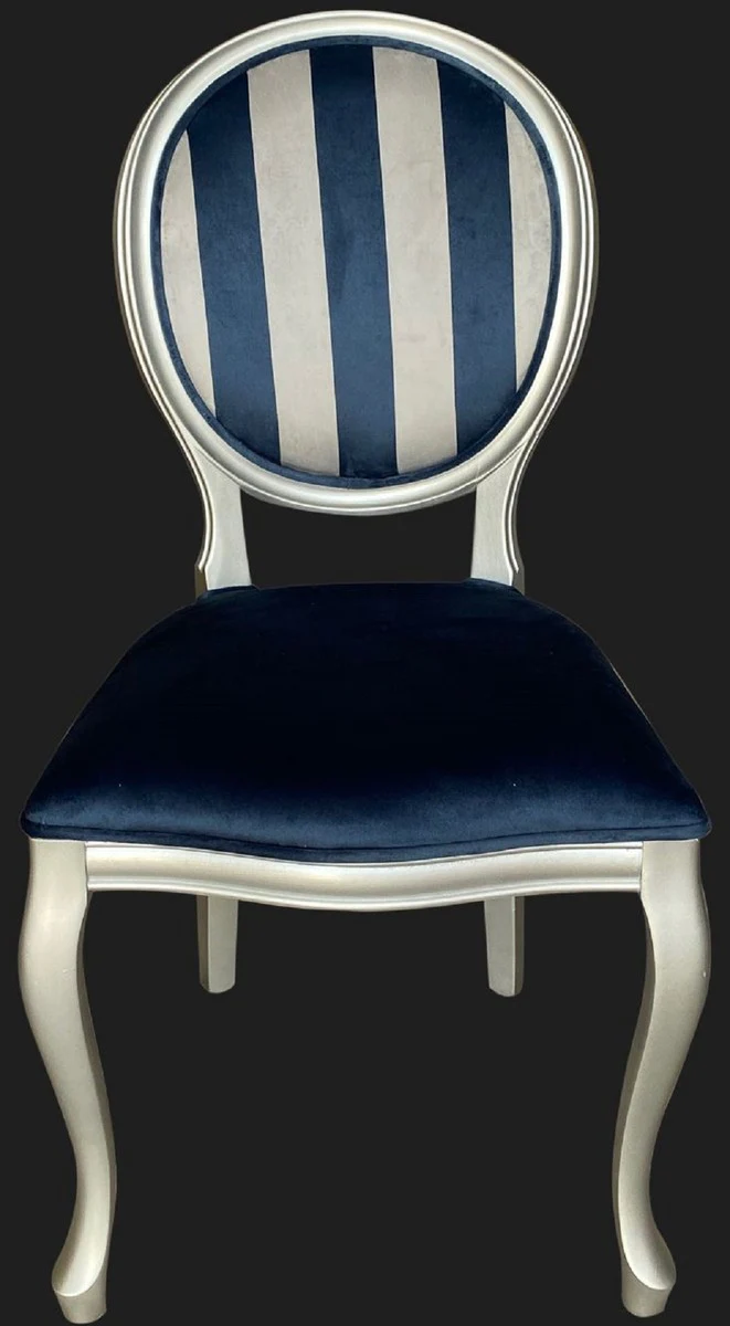 Baroque dining room chair blue / silver - handmade antique style chair with stripes - dining room furniture in baroque style