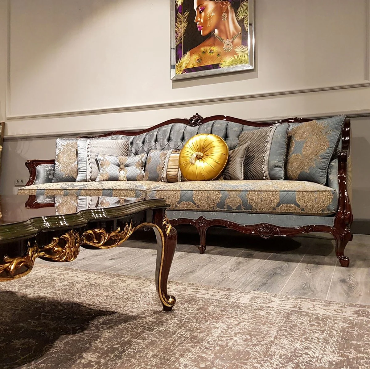 Luxury Baroque Sofa Silver / Beige / Dark Brown - Magnificent living room sofa with elegant pattern - Baroque furniture