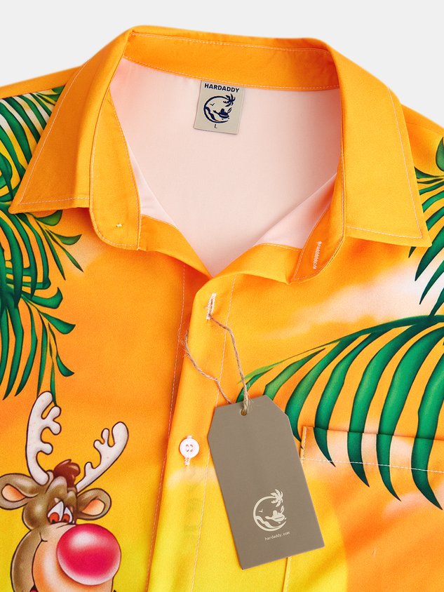 Casual Festive Collection Retro Christmas Santa Claus and Elk Elements Pattern Lapel Short Sleeve Shirt Print Top