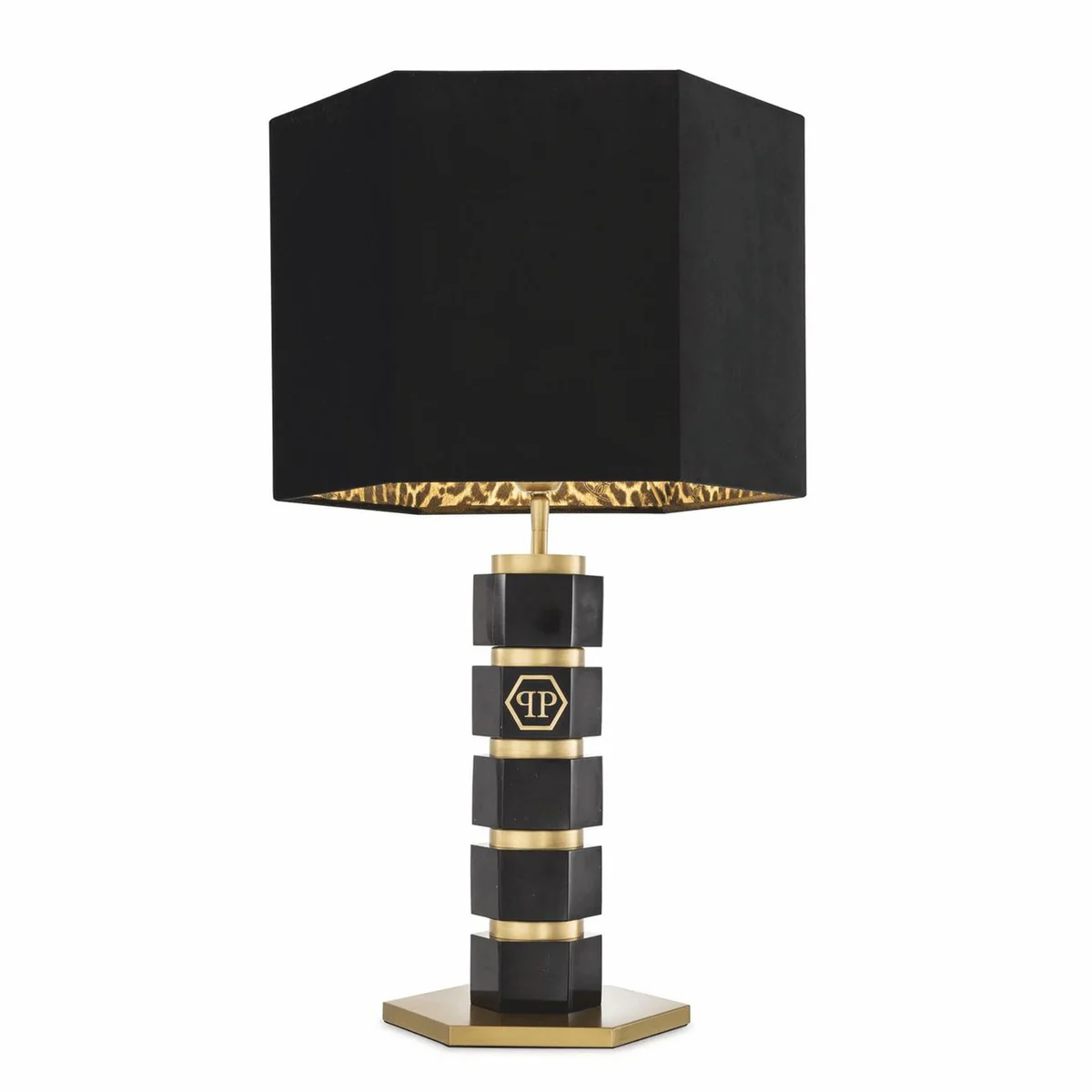 Philipp Plein luxury marble table lamp H. 76 cm black / brass / leopard - luxury quality