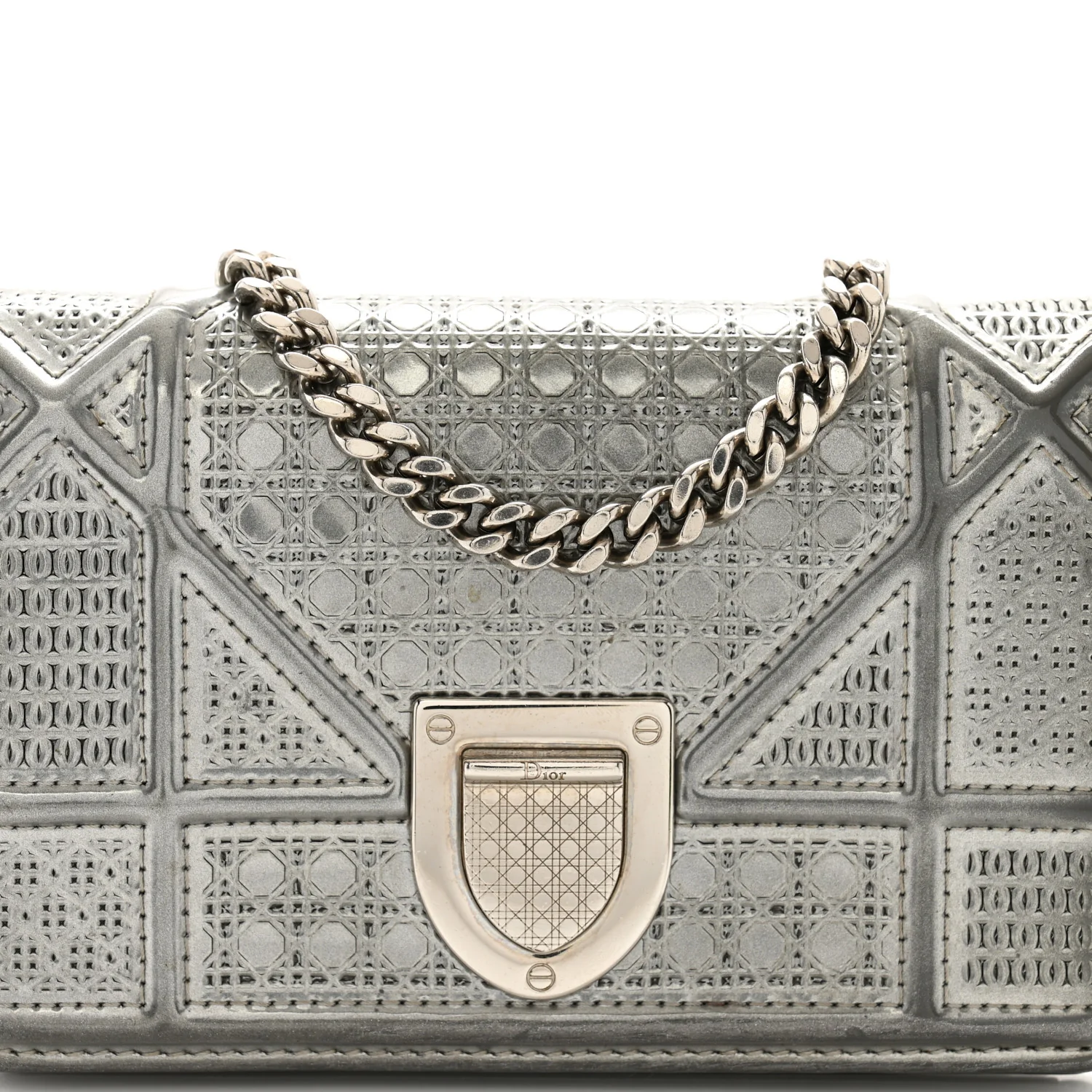 Metallic Patent Micro-Cannage Baby Diorama Flap Bag Silver - Top Club