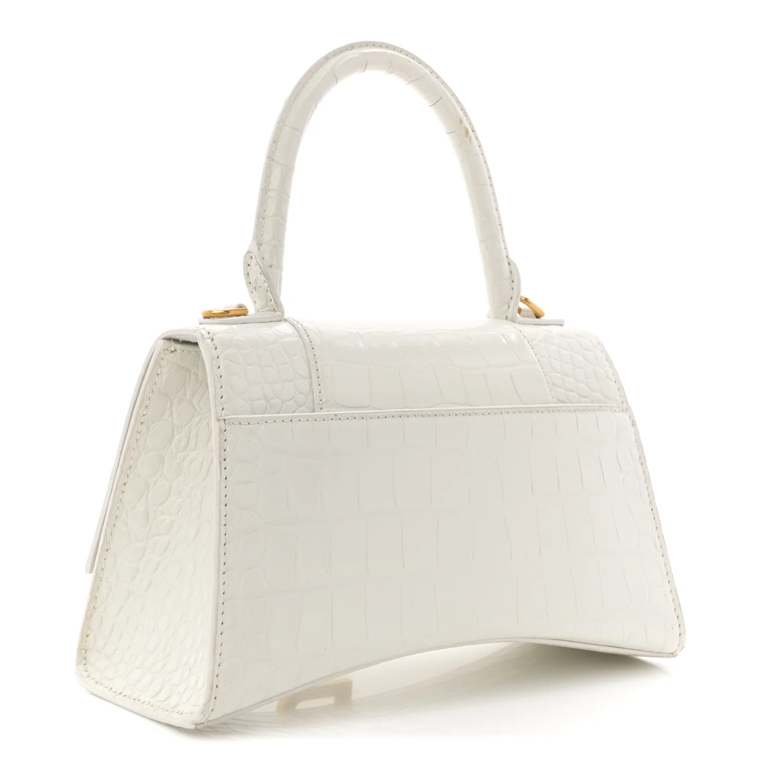 Calfskin Crocodile Embossed Small Hourglass Top Handle Bag White - Top Club