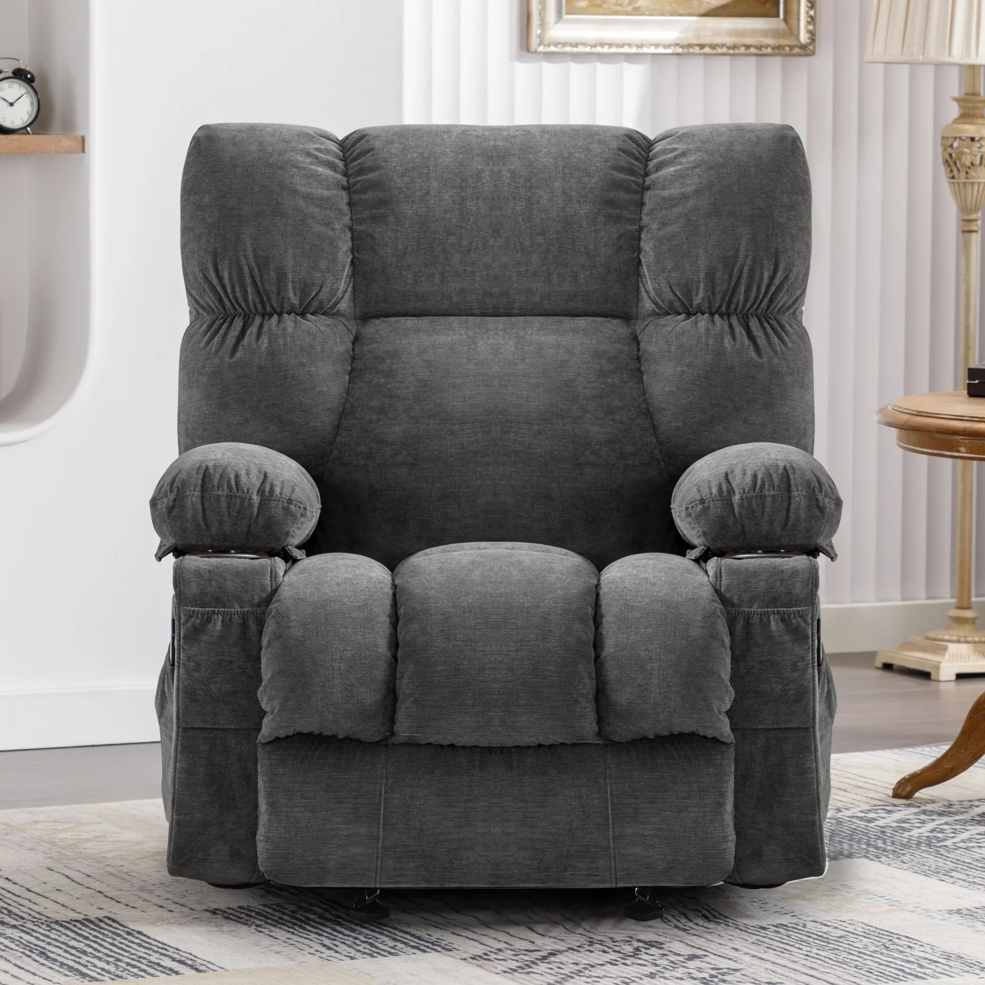 JONPONY Manual Recliner Chair with Heat Therapy and Massage Function, Heavy Duty Reclining Mechanism Massage Chair, Elderly Single Rocker Sofa with Cup Holders for Bedroom Home Theater, Grey