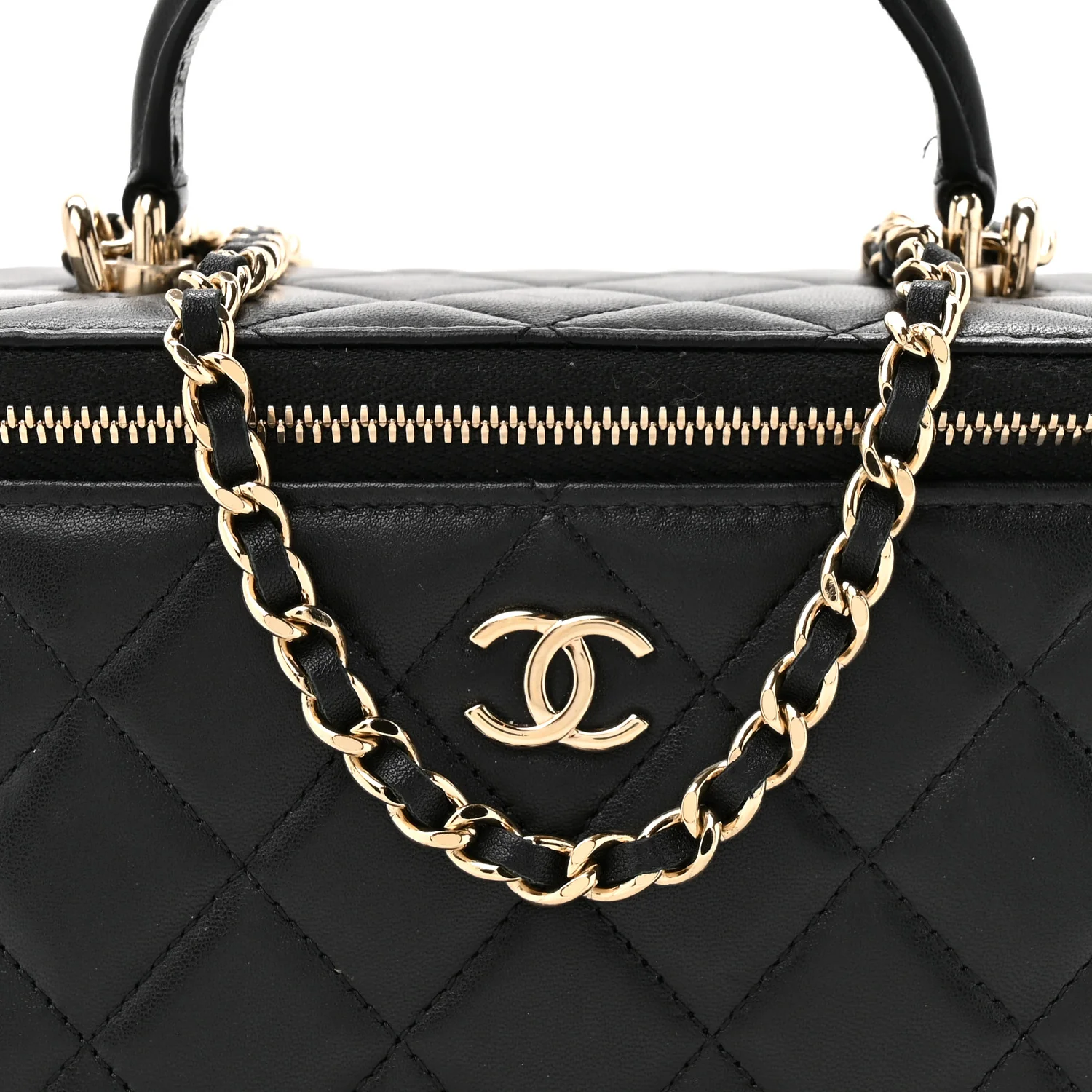Lambskin Quilted Small Top Handle Vanity Case With Chain Black - Top Club