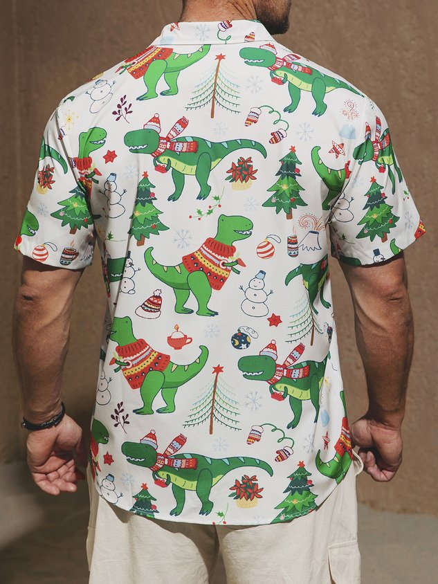 Men's Christmas Dinosaur Print Short Sleeve Hawaiian Shirt with Chest Pocket