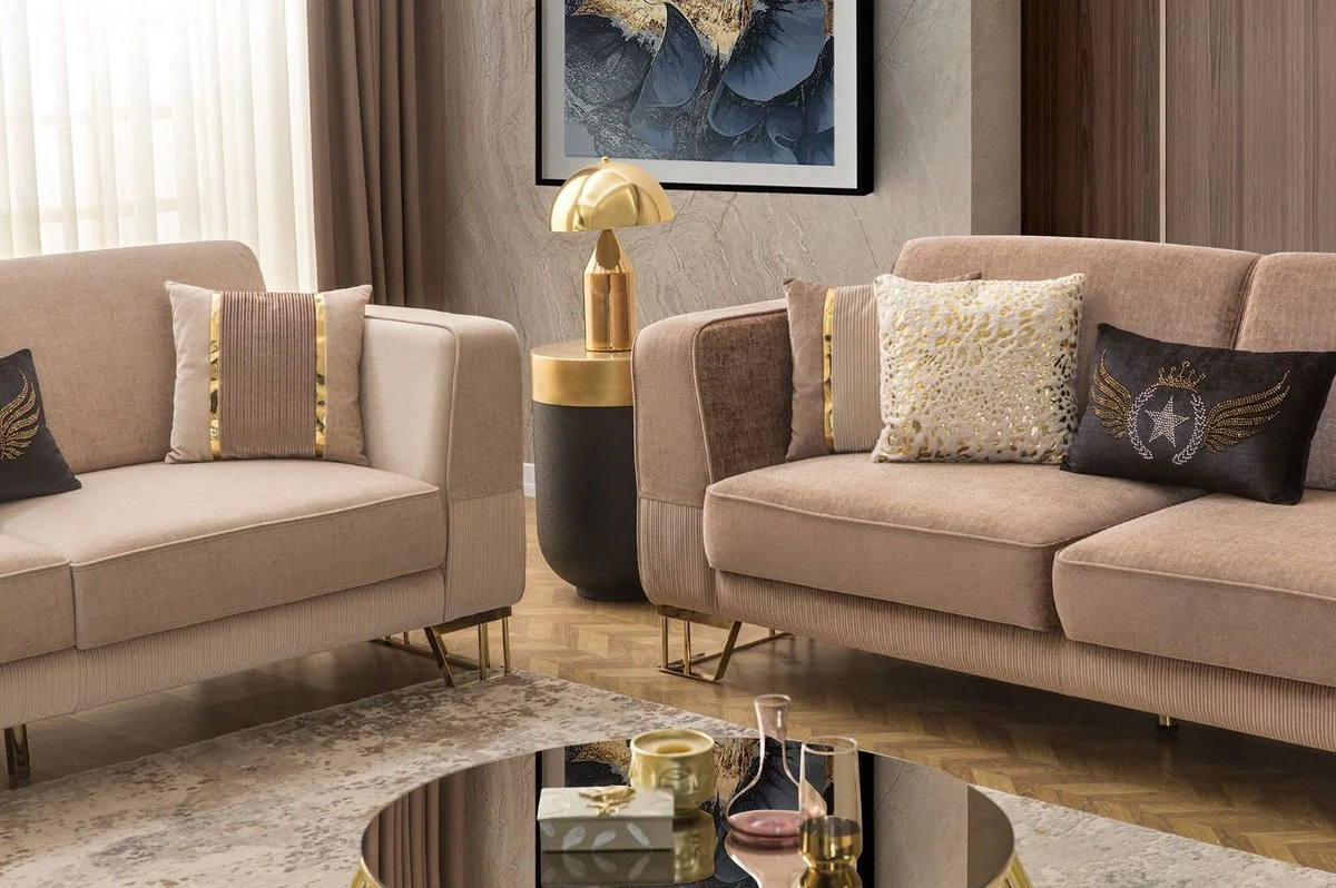 Luxury sofa light brown / gold 230 x 90 x H. 77 cm - living room sofa - hotel sofa - living room furniture - hotel furniture - luxury furniture - living room furnishings - luxury furnishings