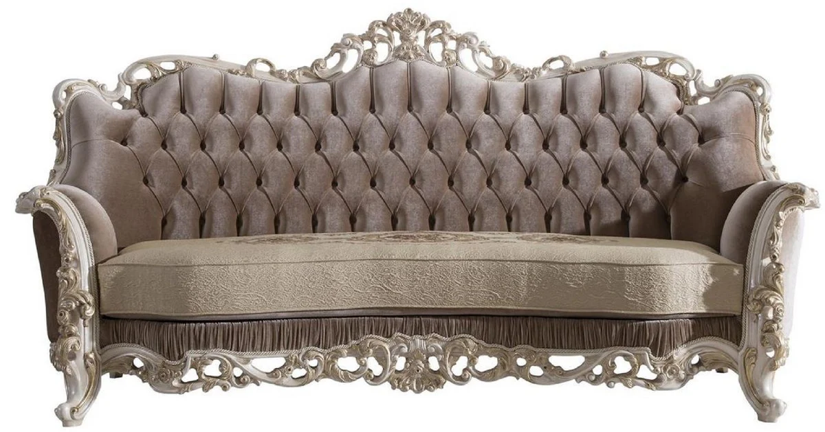 Luxury baroque living room sofa with decorative pillows brown / beige / white / gold 240 x 90 x H. 120 cm - Noble baroque living room furniture