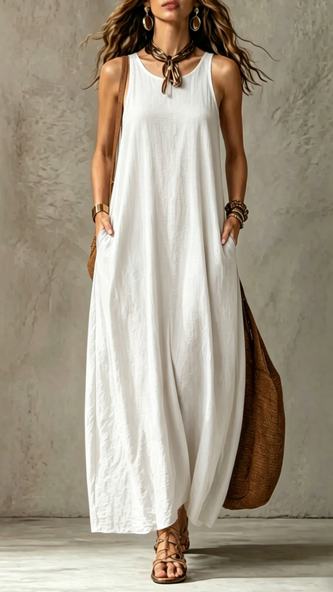 Women's Cotton‑blend Round‑neck Sleeveless Loose Draping Maxi Dress - Nordfashionstorm - Women's Clothing, Fashion for You - Nordfashionstorm.com
