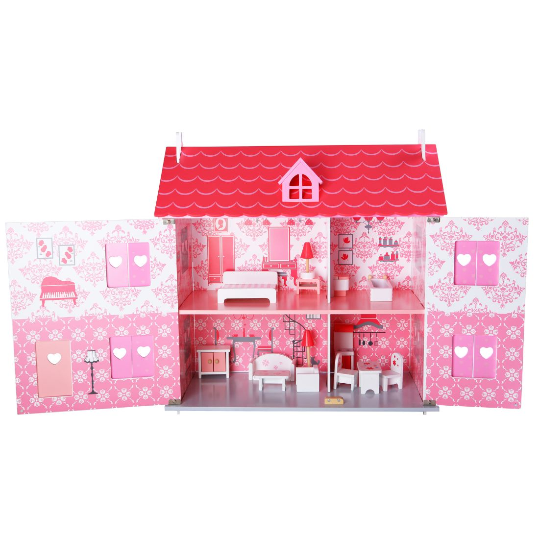 Speelgoed poppenhuis cottage wit/roze inclusief meubels