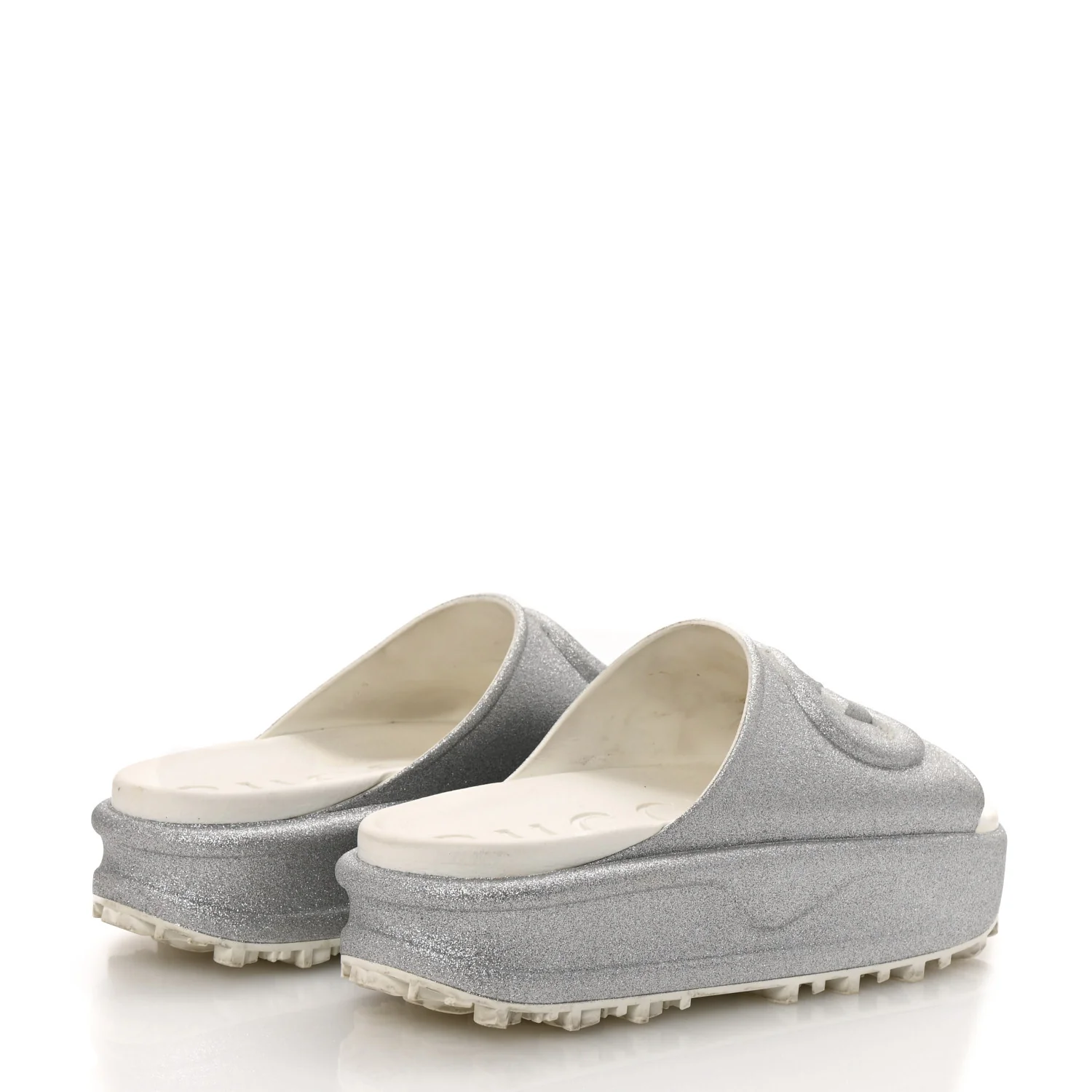 Glitter Rubber Womens Interlocking G Platform 42mm Slide Sandals 40 Silver - Top Club