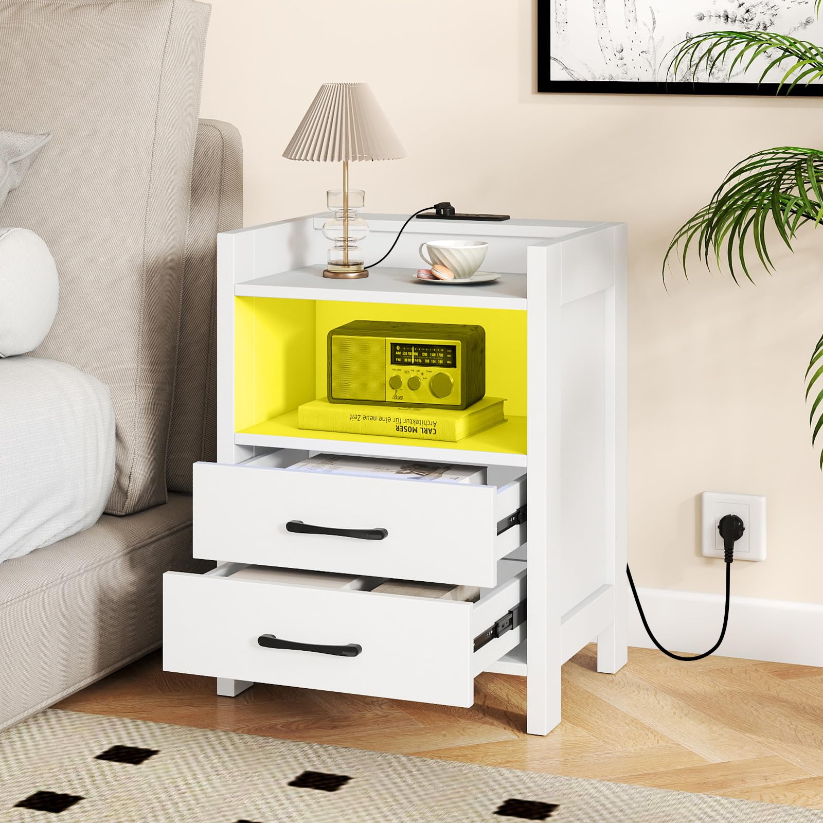 BEFOUNDLOVELY Nightstand with LED Lights & Charging Station（23.5”）