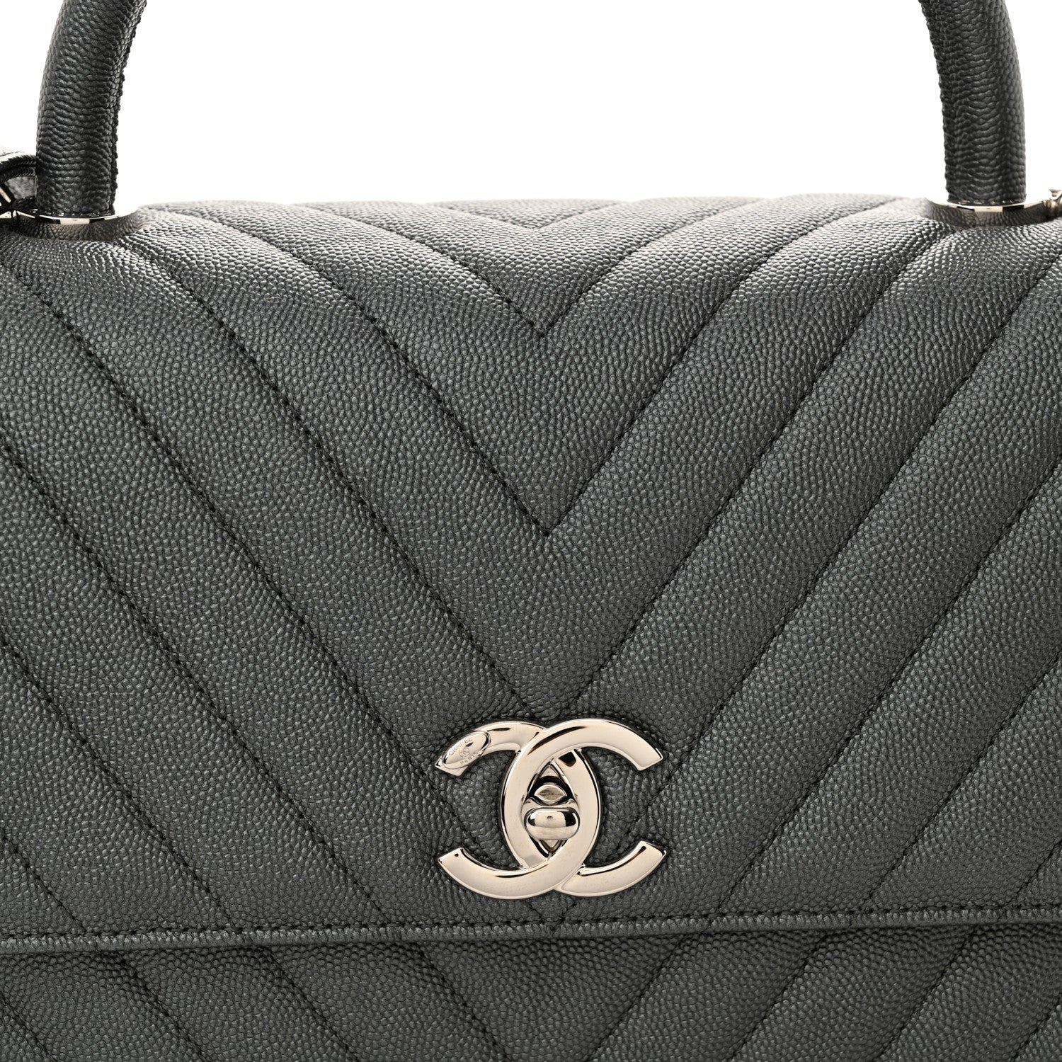 Metallic Caviar Chevron Quilted Small Coco Handle Flap Dark Silver - Top Club