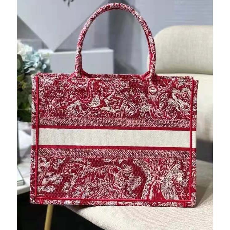 CD Unisex Medium Book Tote Burgundy Toile De Jouy Stripes Embroidery