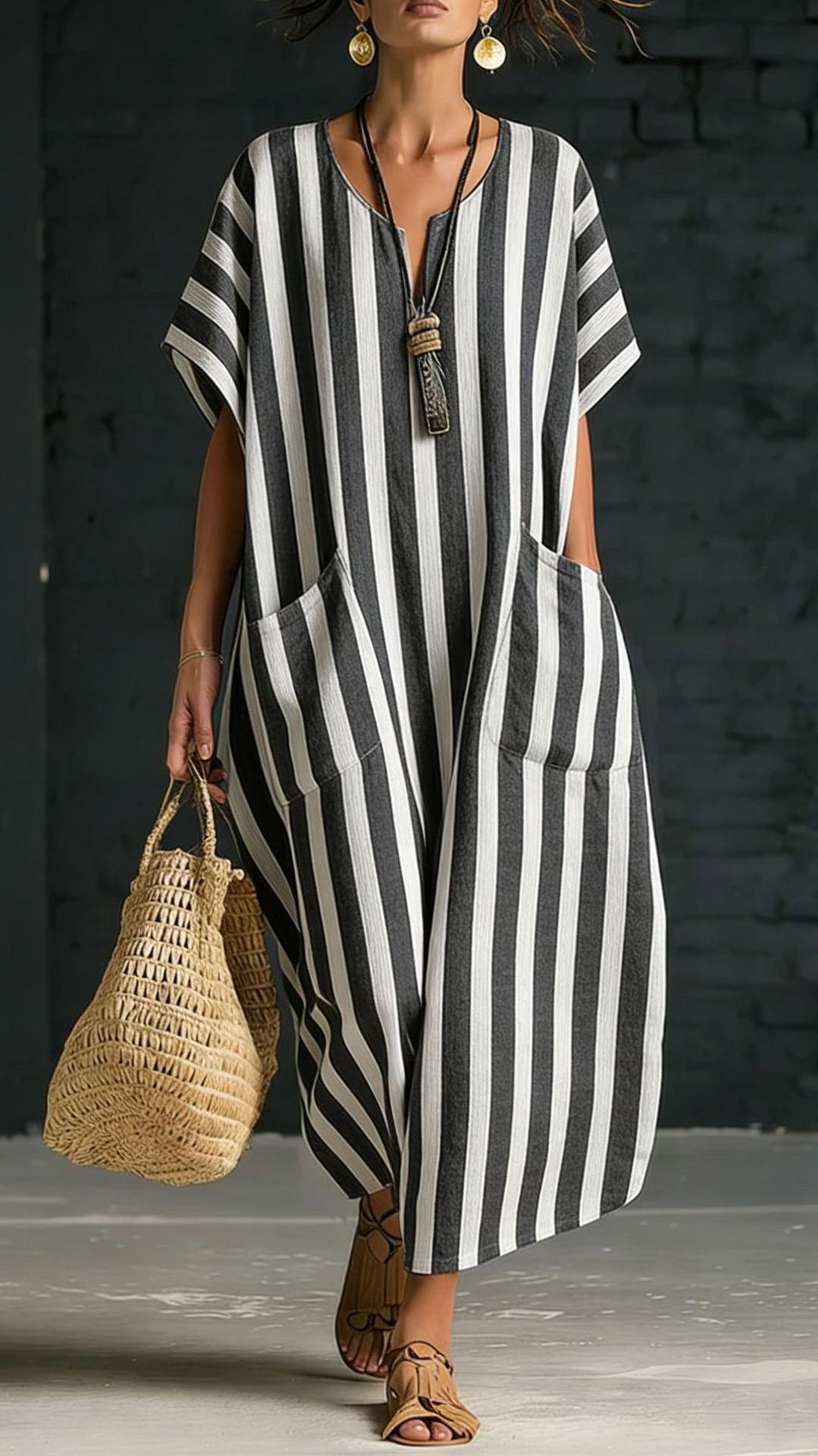 Women's Cotton-Blend Blue and White Vertical Striped Loose Dress - Nordfashionstorm - Women's Clothing, Fashion for You - Nordfashionstorm.com