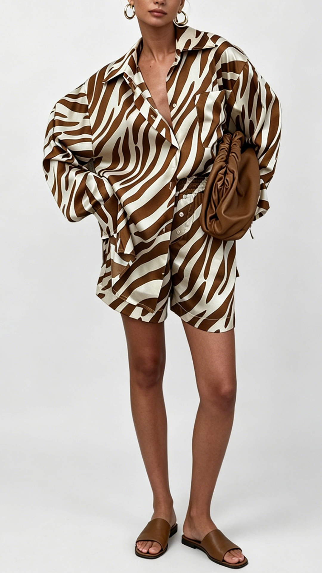 Women's Brown‑White Zebra‑Print Collared Shirt & Shorts Set - Nordfashionstorm - Women's Clothing, Fashion for You - Nordfashionstorm.com