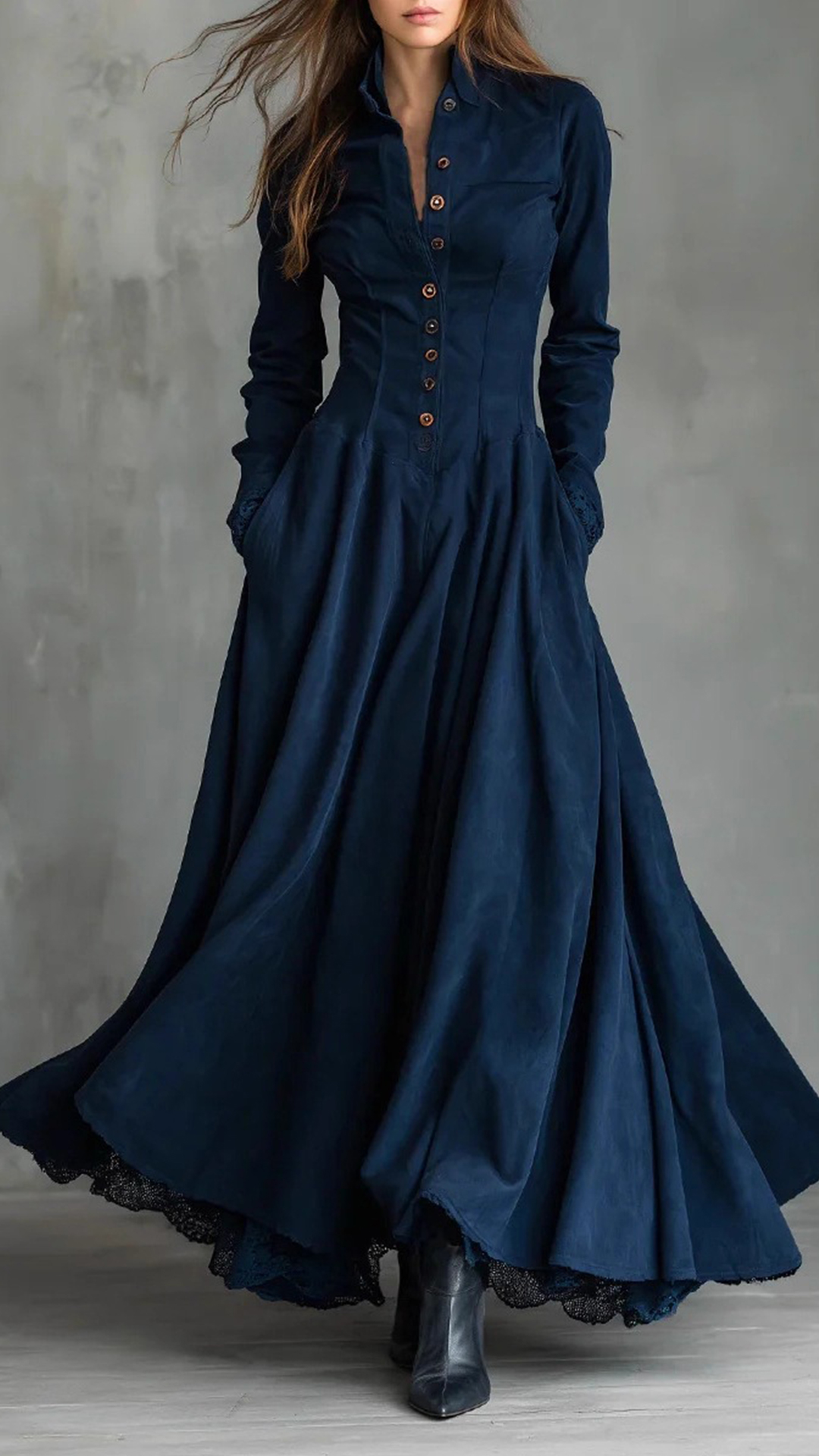 Women's Cotton-blend  Stand Collar Single-breasted Long Sleeve Flared Maxi Dress - Nordfashionstorm - Women's Clothing, Fashion for You - Nordfashionstorm.com