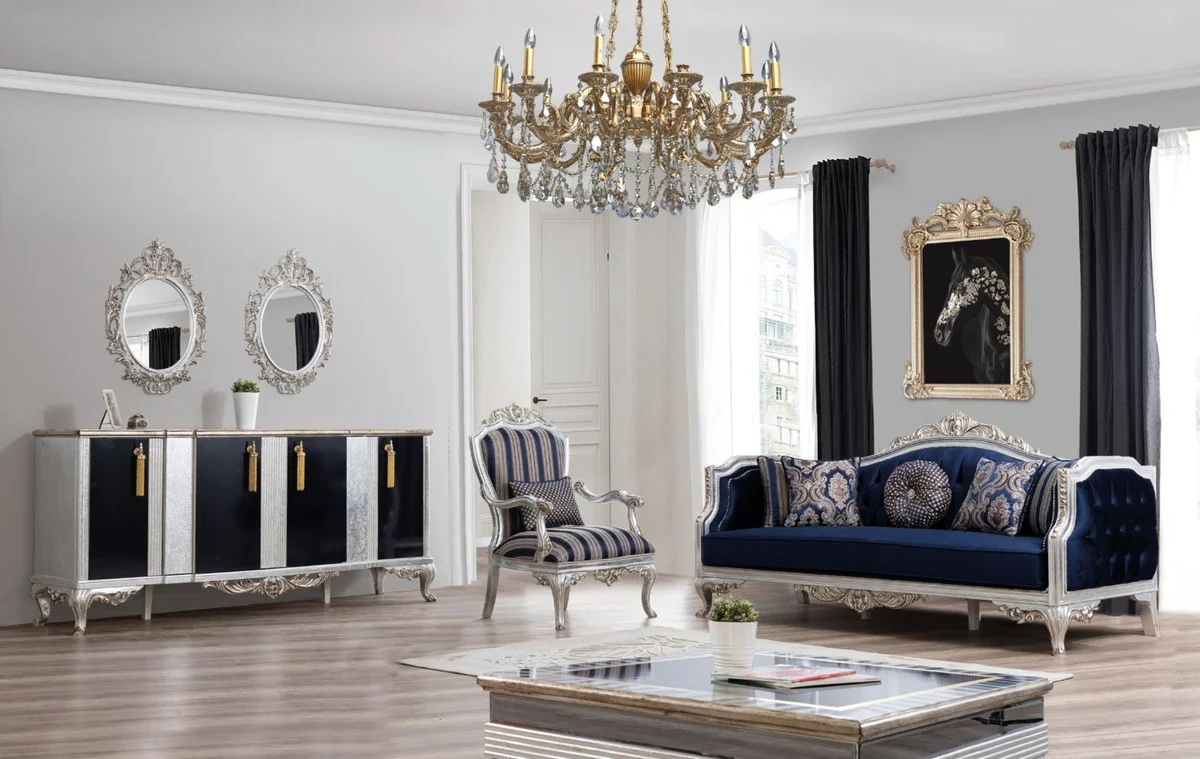 Luxury Baroque Living Room Set Blue / Silver / Gold - 2 Sofas & 2 Armchairs & 1 Coffee Table - Living Room Furniture in Baroque Style - Noble & Magnificent