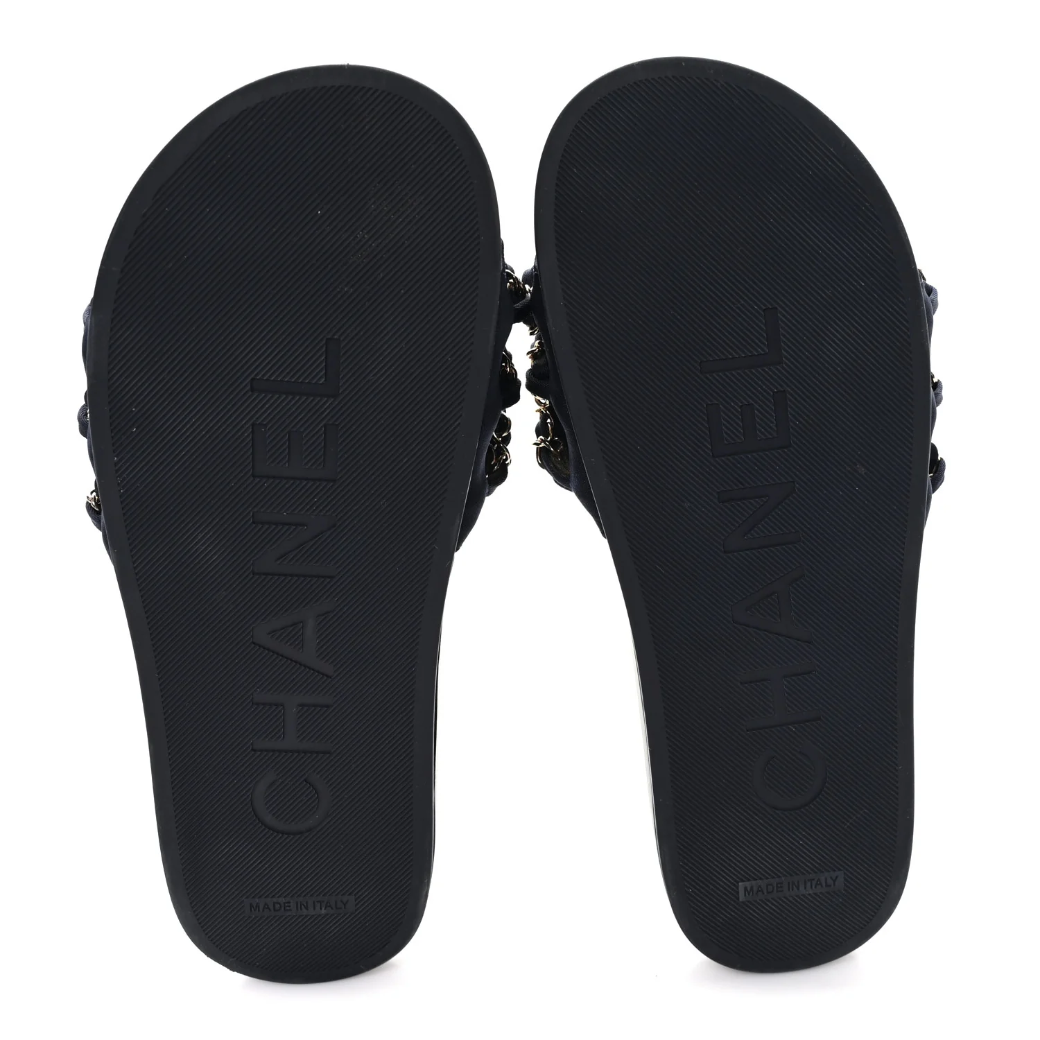 Satin Canvas Chain Slides Sandals Flats 38 Marine - Top Club