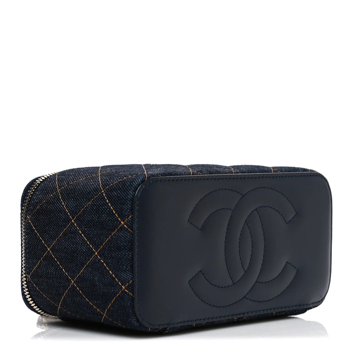 Denim Quilted Vanity Case With Chain Dark Blue Orange - Top Club