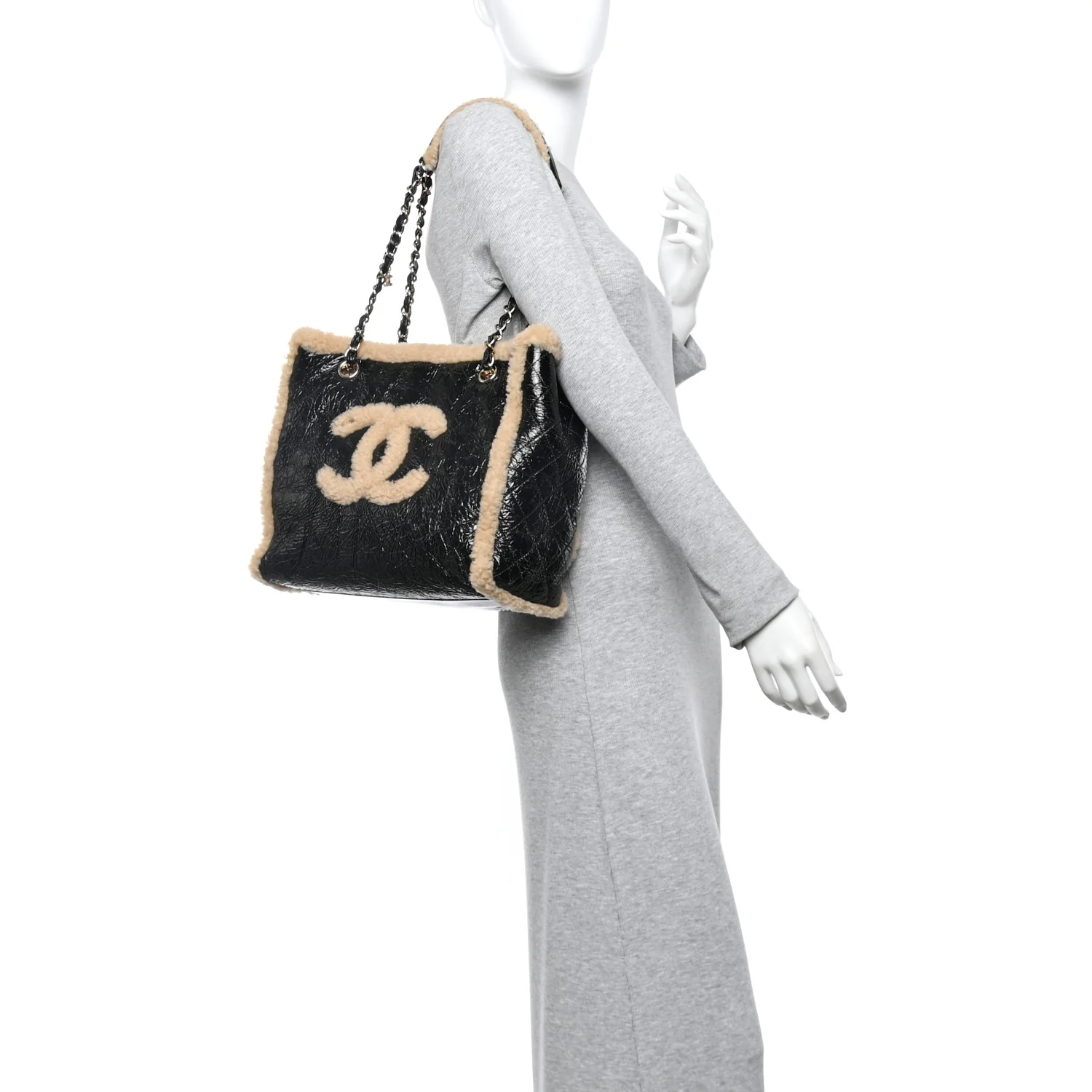 Shiny Crumpled Sheepskin Shearling CC Mania Tote Bag Black Beige