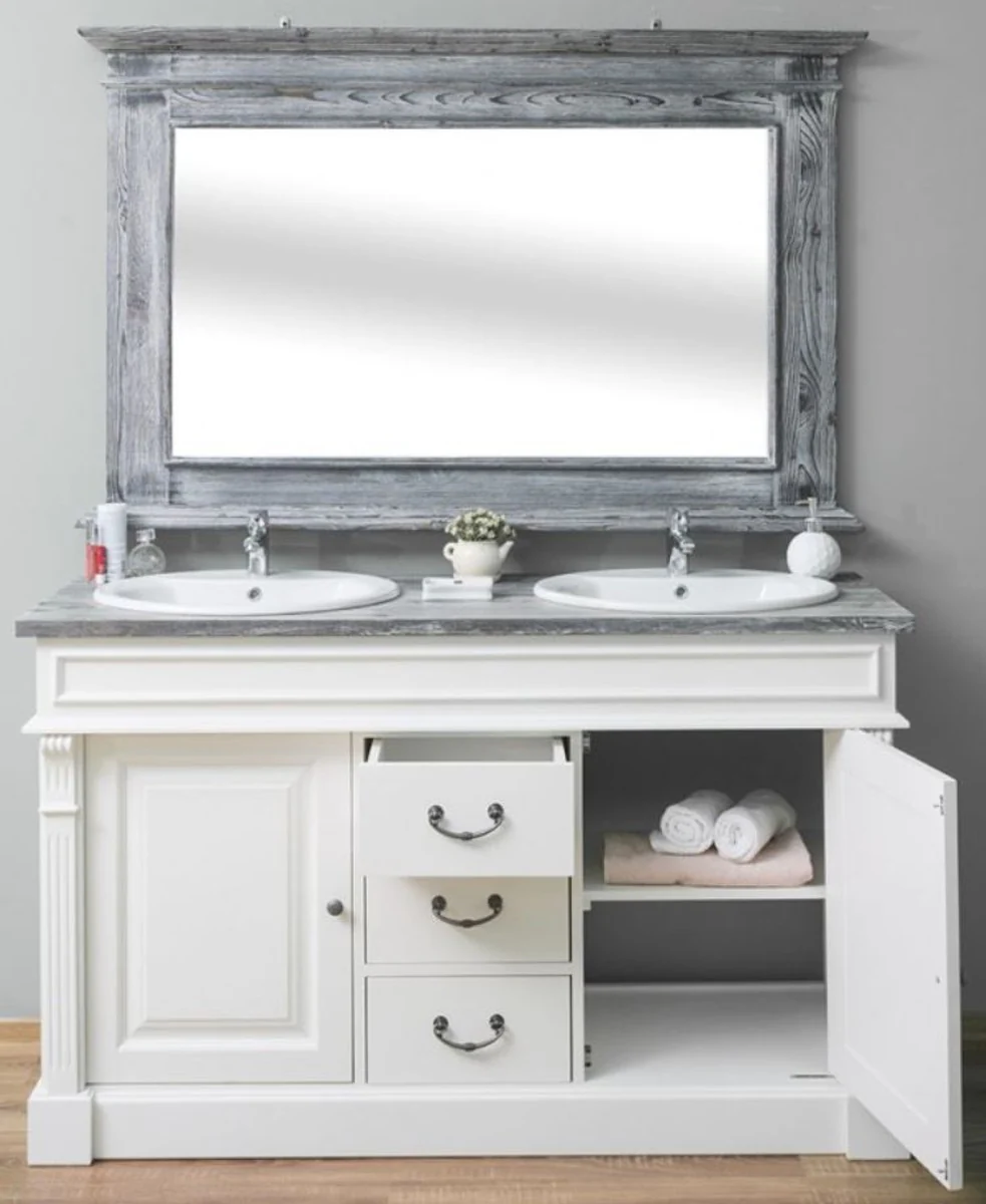 Country house style bathroom set white / gray - 1 double washbasin & 1 wall mirror - solid wood bathroom furniture in country house style