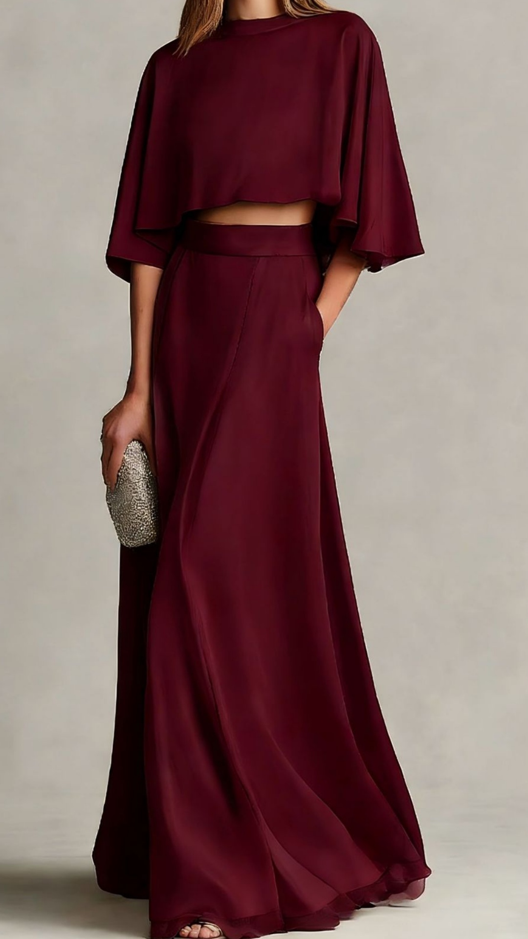 Women's Two-Piece Satin Maxi Dress Set with Shawl Sleeves - Nordfashionstorm - Women's Clothing, Fashion for You - Nordfashionstorm.com