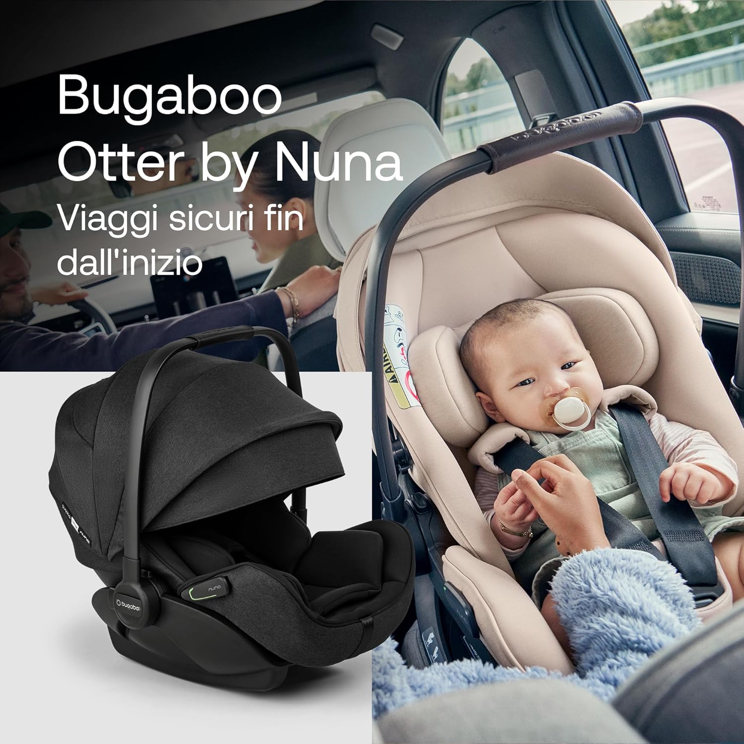 Bugaboo Otter by Nuna - seggiolino auto comodo per neonati reclinabile in orizzontale i-Size, cappottina UPF 50+ e memory foam, compatibile con la base 360, per bimbi da 0-15 mesi Mineral Washed Black