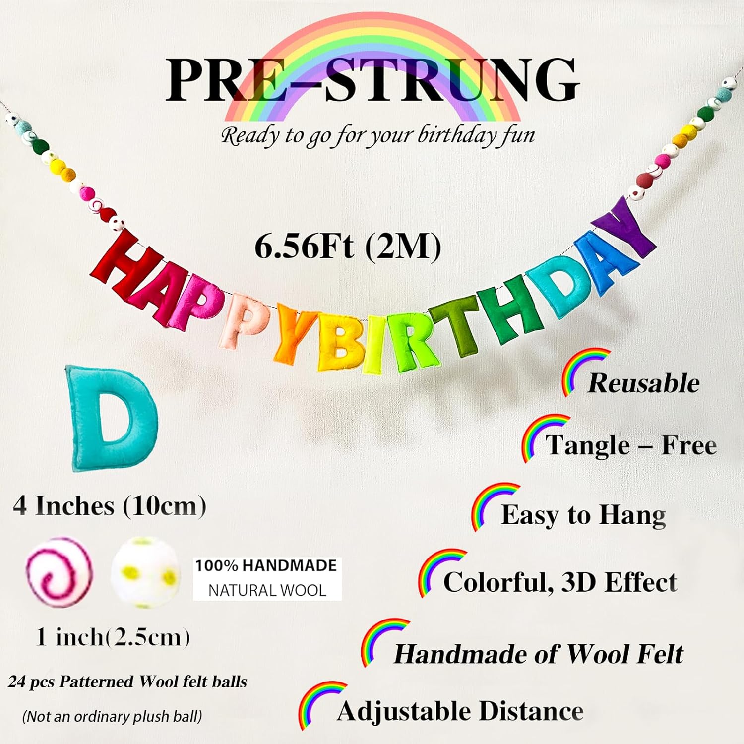 Pre-Strung Reusable Handmade Adjustable Distance Happy Birthday Felt Ball Banner Garland Rainbow Design for Kids Room Holiday
