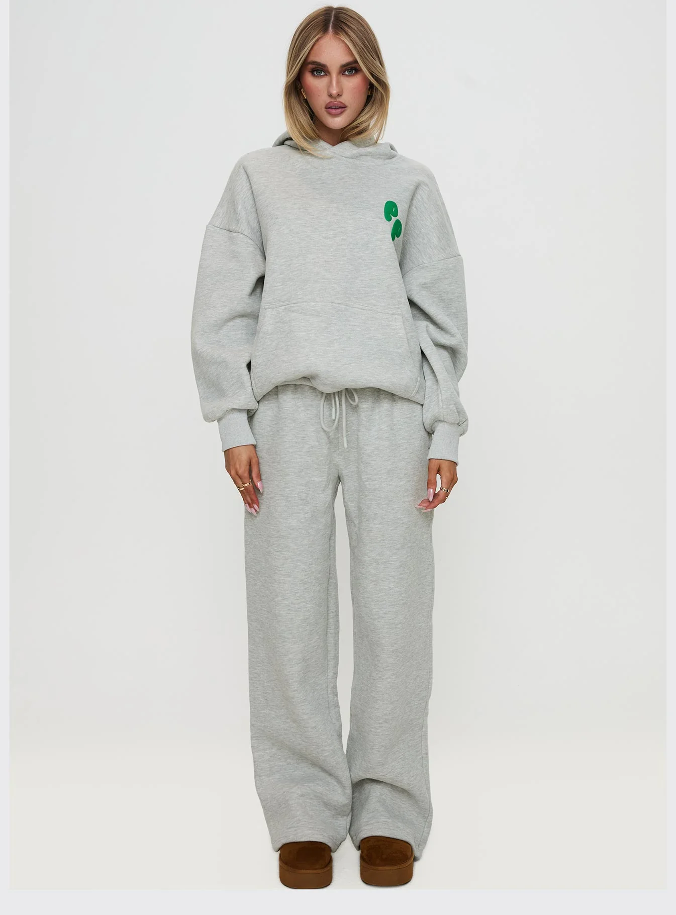 Princess Polly Wide Leg Track Pant Bubble Text Grey Marle / Green