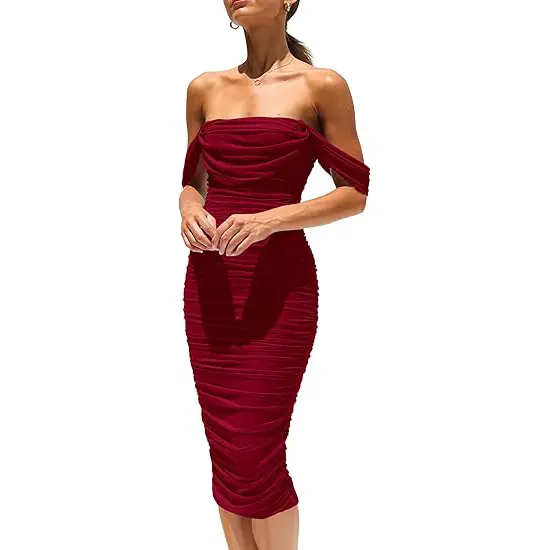PrettyGarden Women's Summer Midi Dress Off Shoulder Ruched Bodycon Dresses Sleeveless Fitted Party Club Cocktail Womenswear