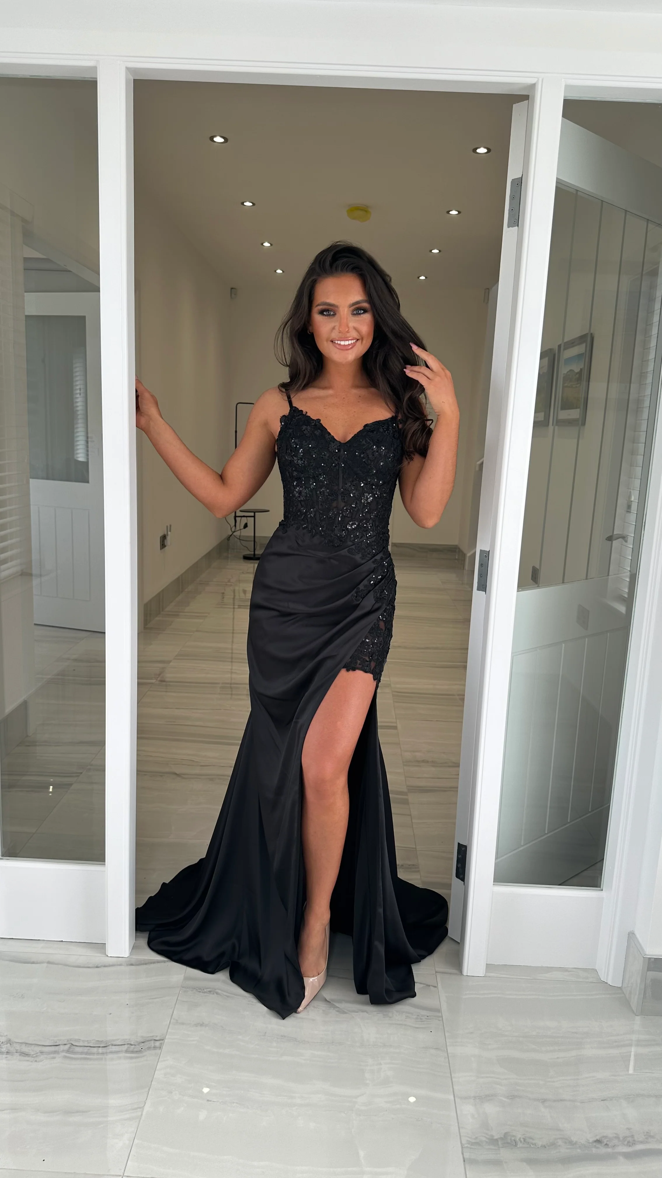 Black Sequin Top & Split Satin Full Length Gown