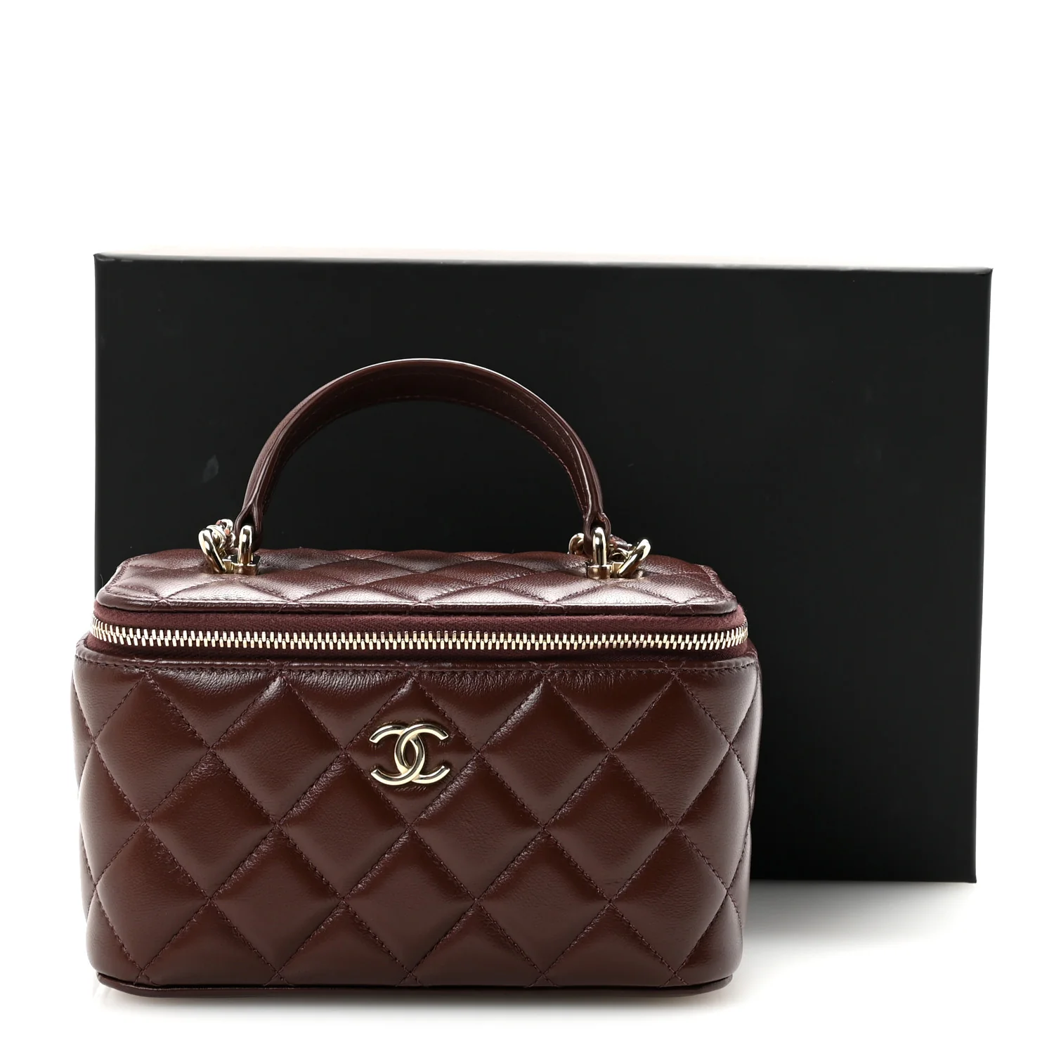 Lambskin Quilted Small Top Handle Vanity Case With Chain Dark Brown - Top Club