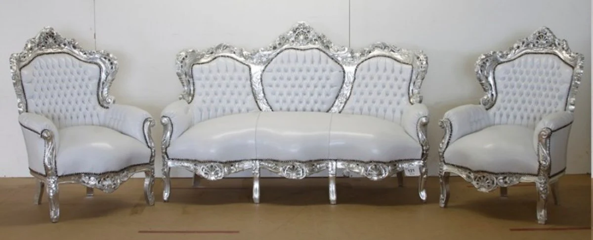 Baroque sofa set white leather look / silver + 2 armchairs - living room baroque