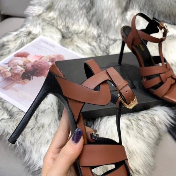 Saint Tribute High Heel Sandals Brown Calfskin - Top Club