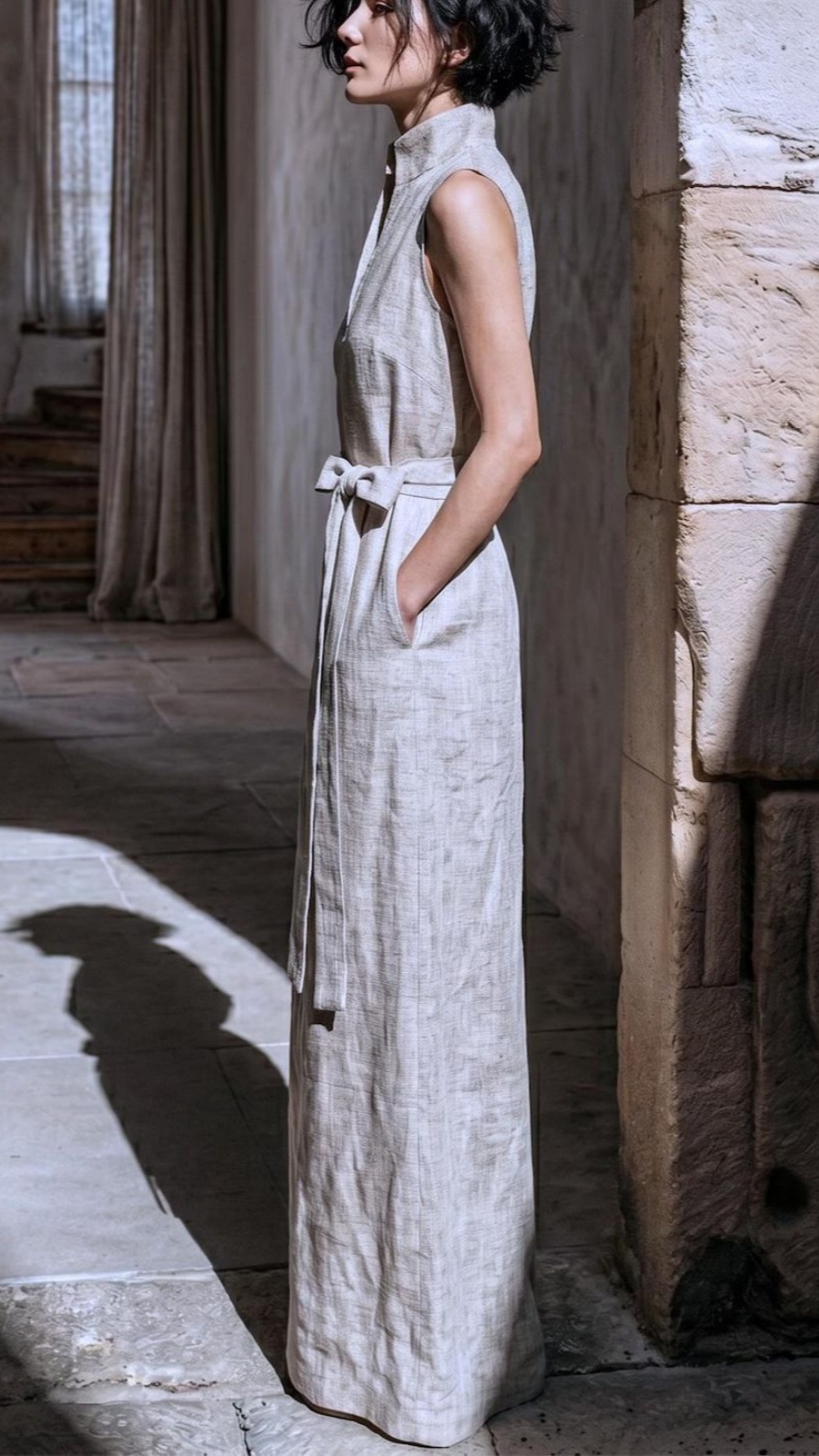 Women's Sleeveless Linen Maxi Dress with Stand Collar, Waist Tie, and Vest-Style Bodice - Nordfashionstorm - Women's Clothing, Fashion for You - Nordfashionstorm.com