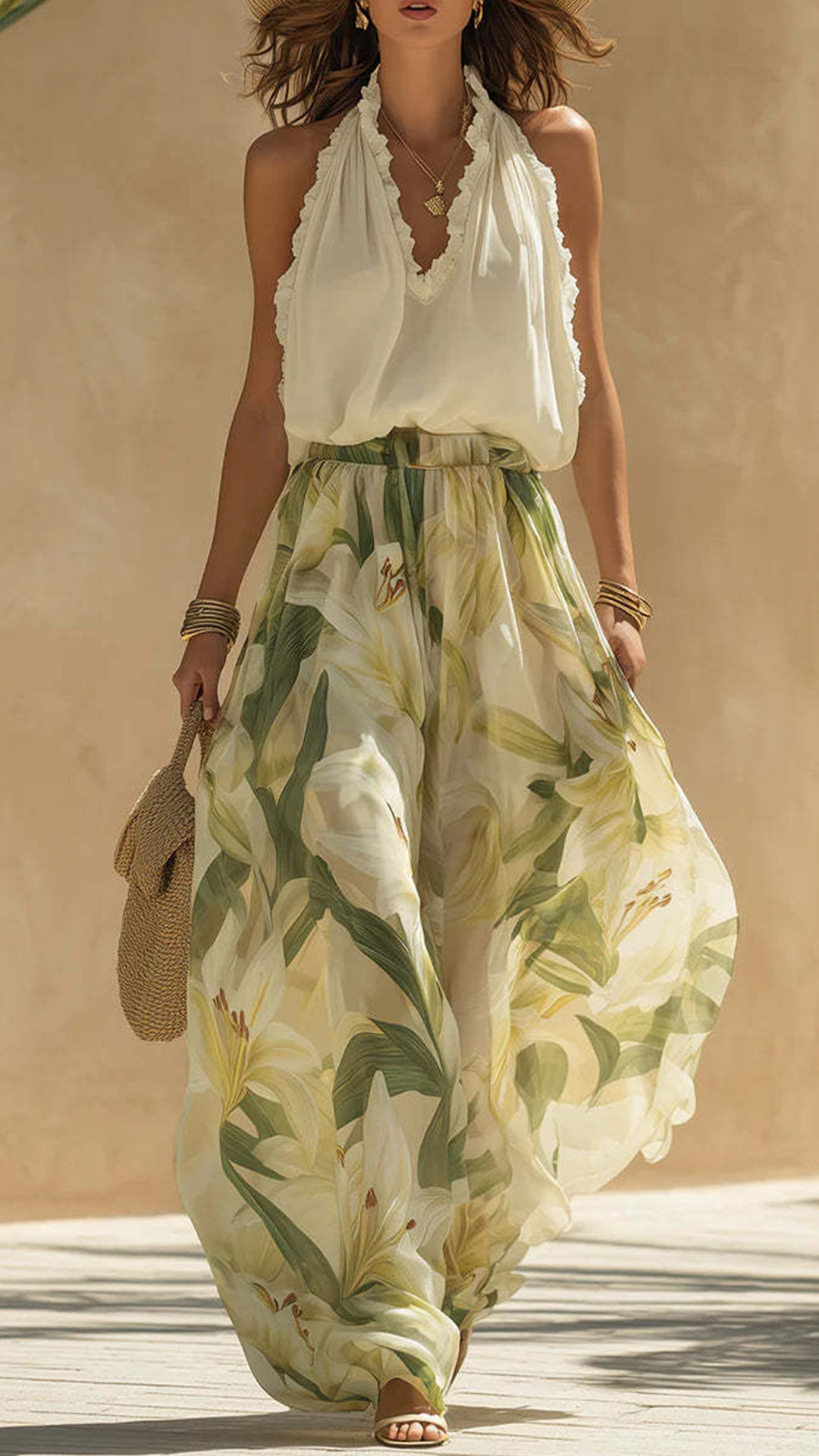 Women's Cotton-Blend Halter Ruffled Floral Wide-Leg Pants Set - Nordfashionstorm - Women's Clothing, Fashion for You - Nordfashionstorm.com