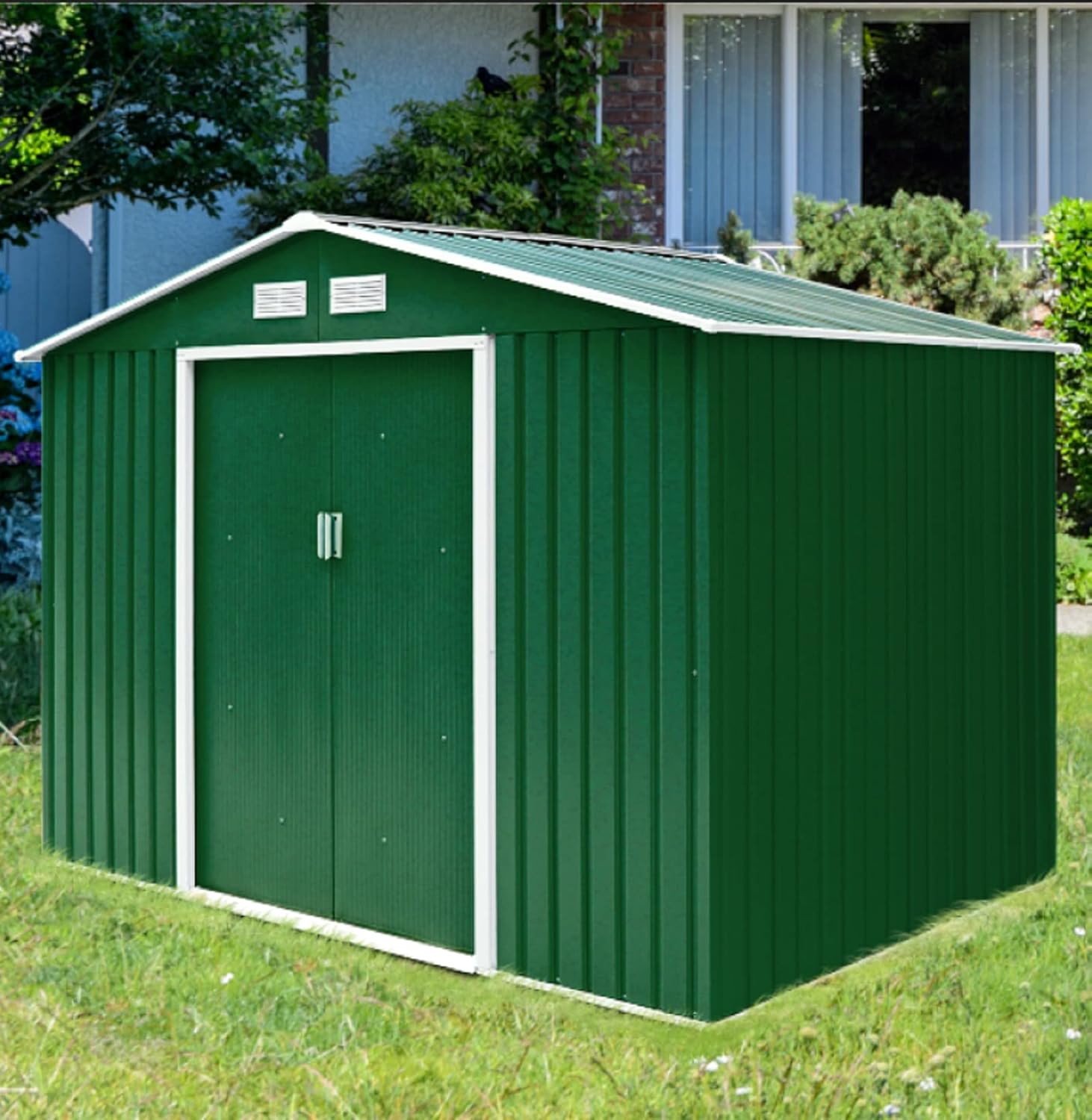 GIANTEX Casetta per Attrezzi in Metallo, Capanno da Giardino con 2 Porte Scorrevoli e 2 Finestre, 213x127x185 cm, 2 Colori