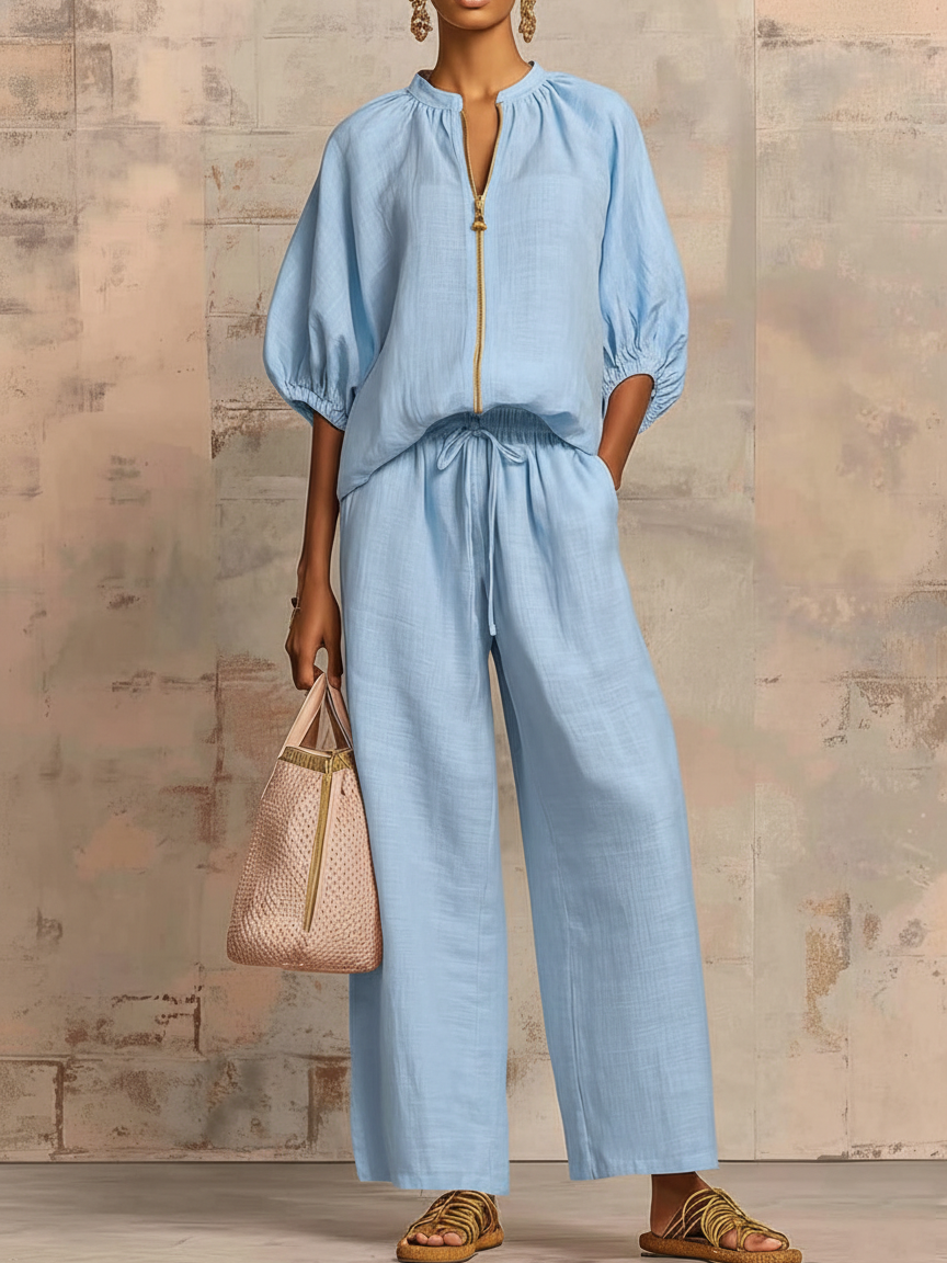 Stylish Cozy Shirt & Wide-Leg Pants Linen Cotton Two-Piece Set - Nordfashionstorm - Women's Clothing, Fashion for You - Nordfashionstorm.com