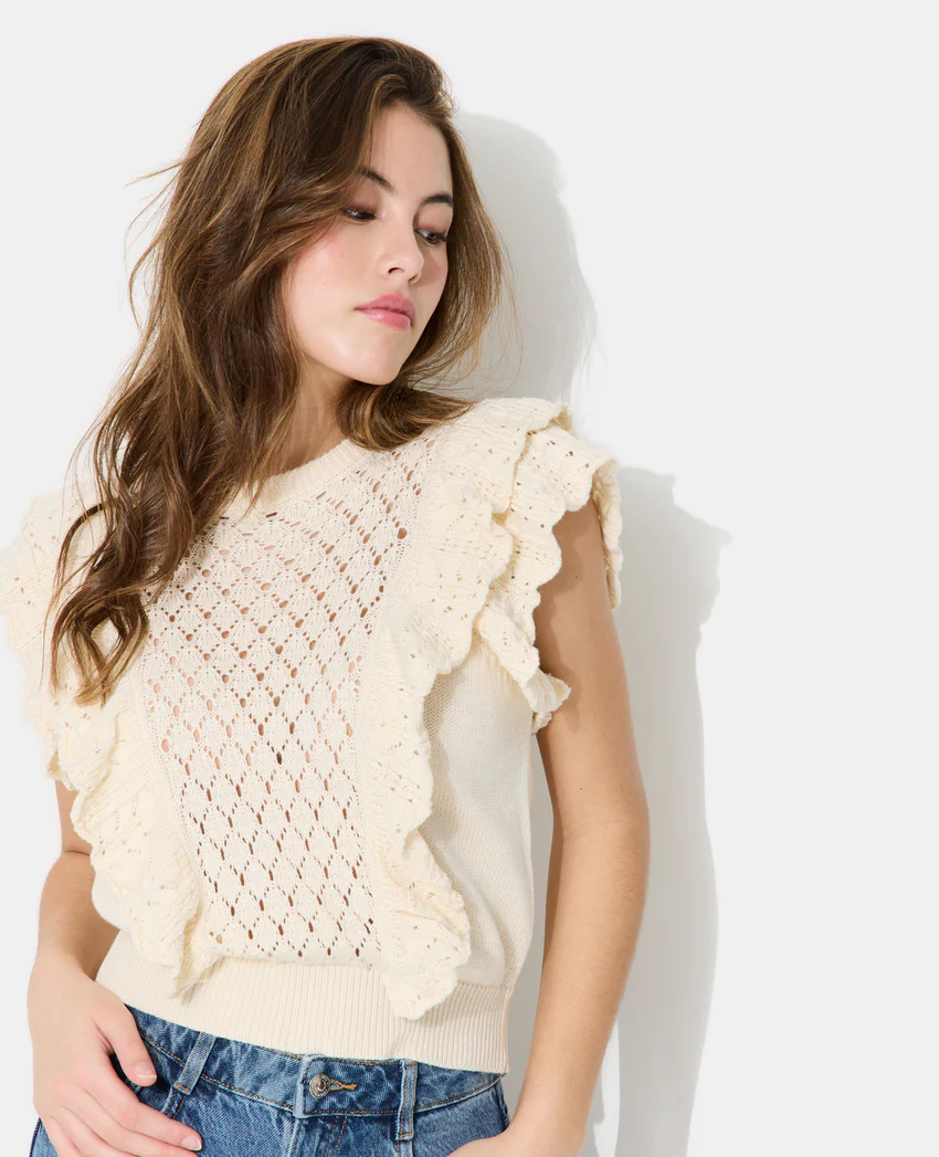 Pimkie Pull manches courtes en maille ajourée avec volants