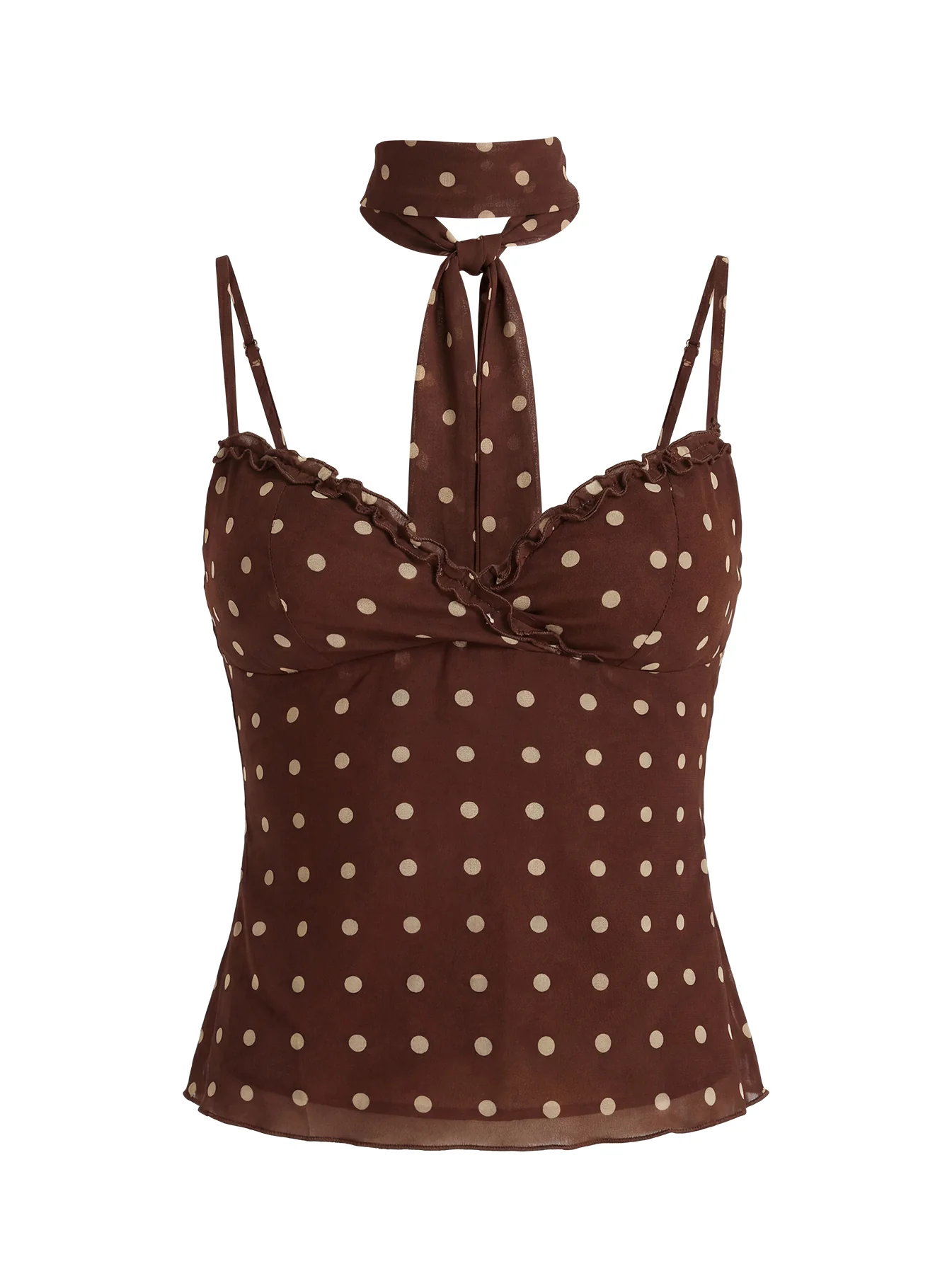 Mishy Scarf Detail Cami Top Brown Polka Dot