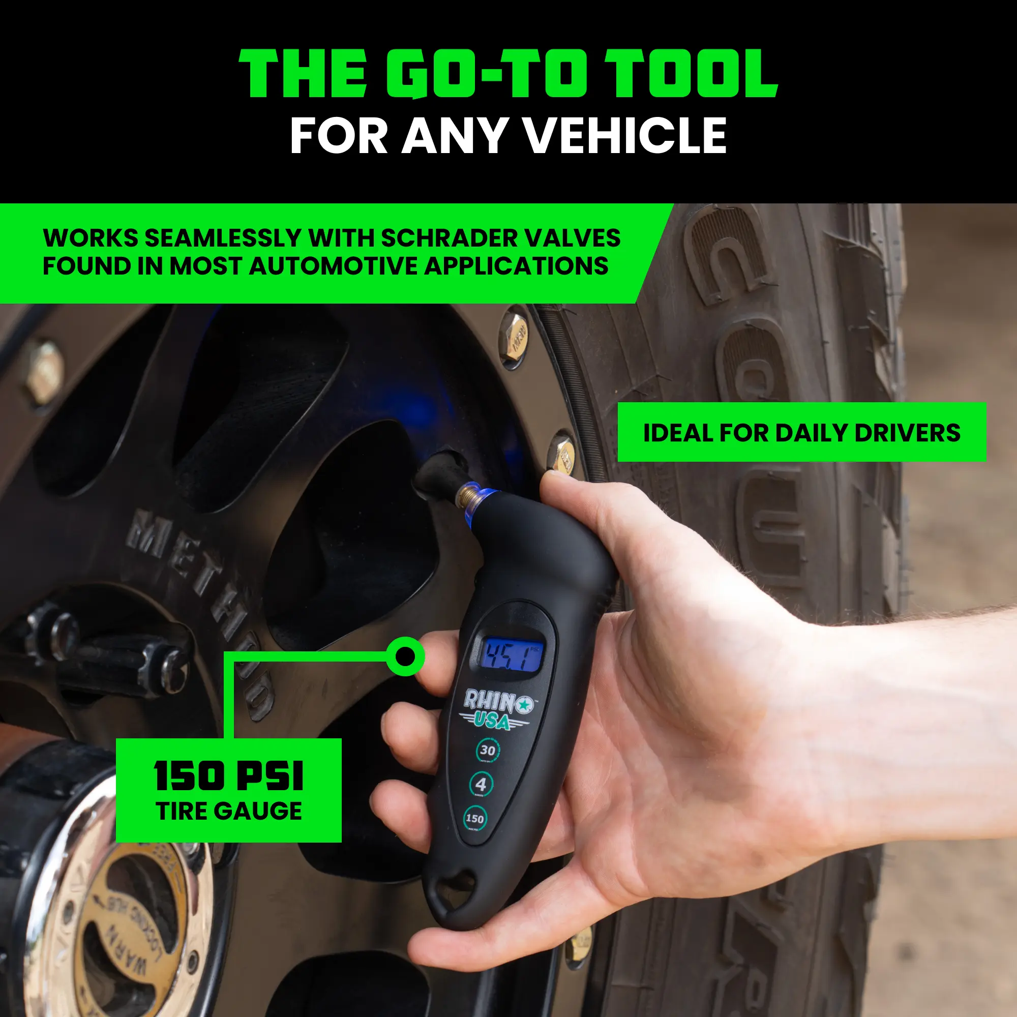 Rhino USA Digital Tire Pressure Gauge 150 PSI, 4 Ranges, Ergonomic Design with Lighted Nozzle & LCD Backlit Display - Certified Accurate Readings