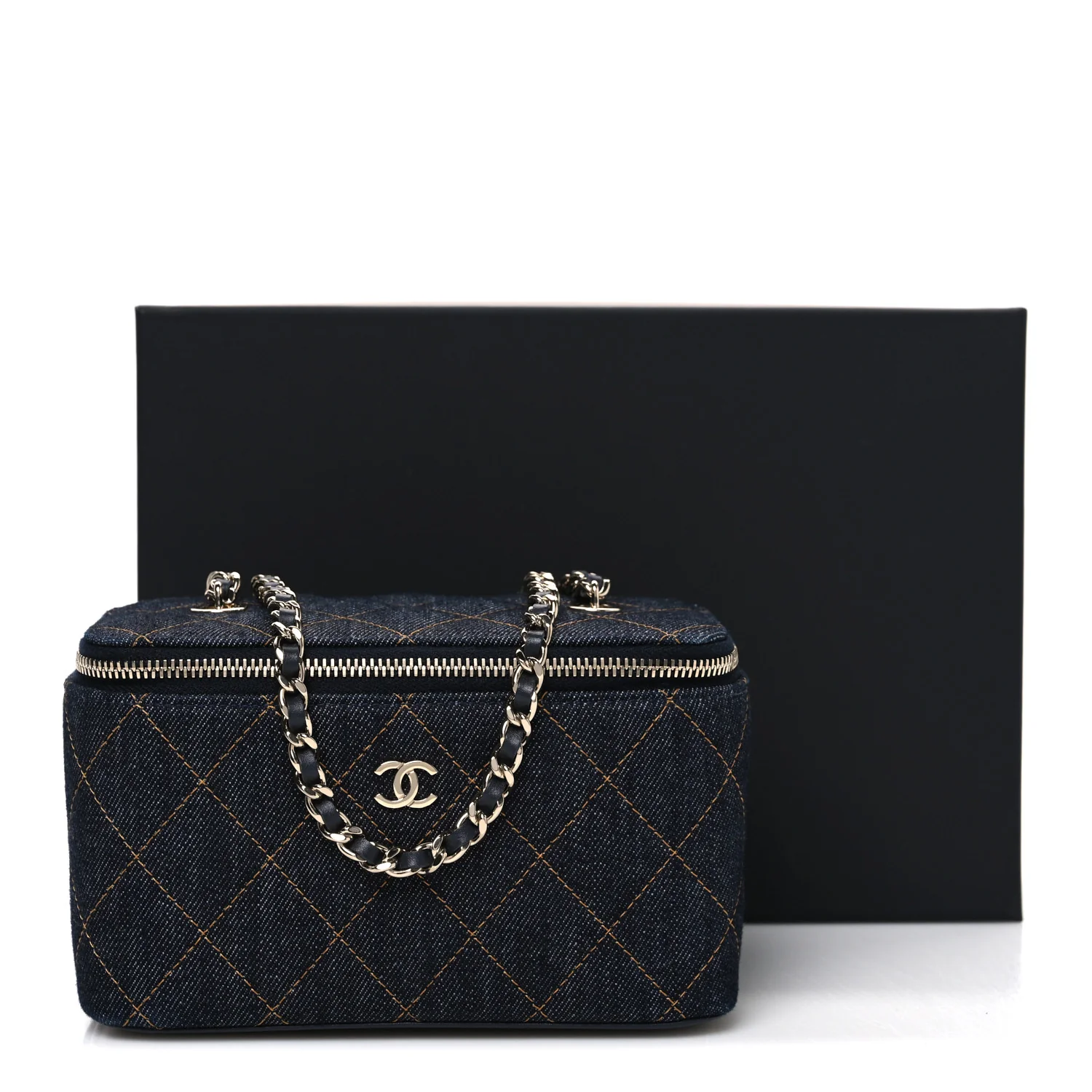 Denim Quilted Vanity Case With Chain Dark Blue Orange - Top Club