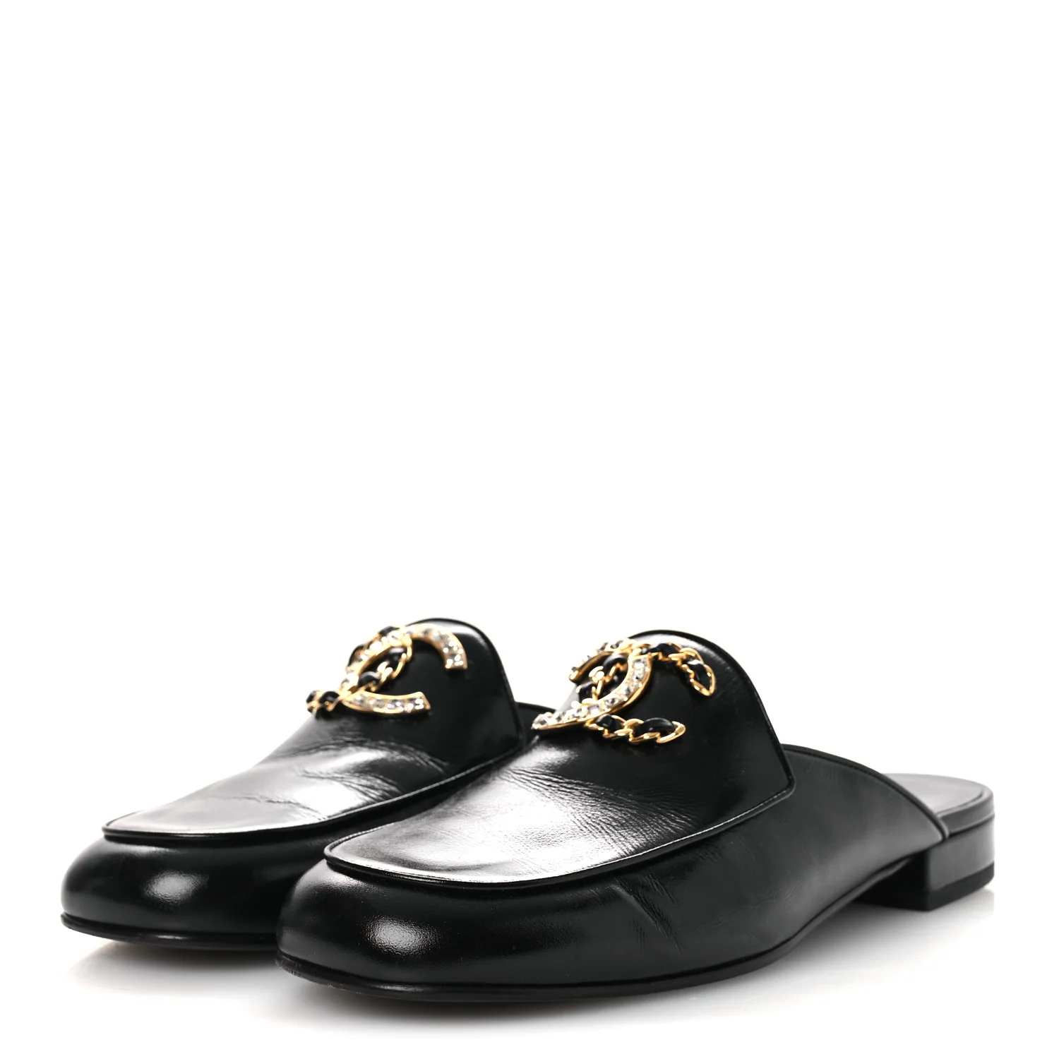 Shiny Calfskin Crystal CC Mules 41 Black - Top Club
