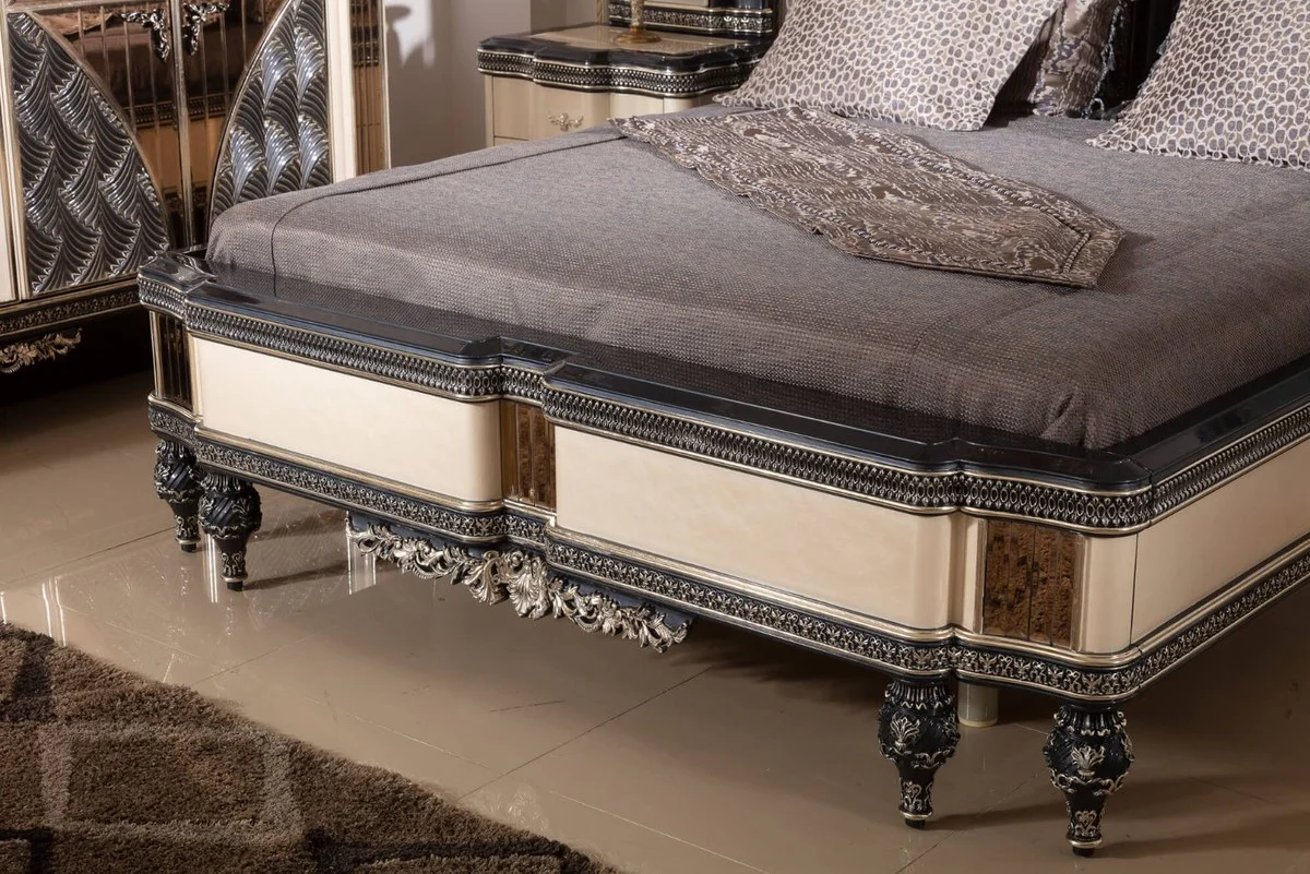 Luxury Baroque Bedroom Set Light Blue / Beige / Black / Gold - 1 Baroque Double Bed with Headboard & 2 Baroque Nightstands - Luxury Bedroom Furniture in Baroque Style - Baroque Interior
