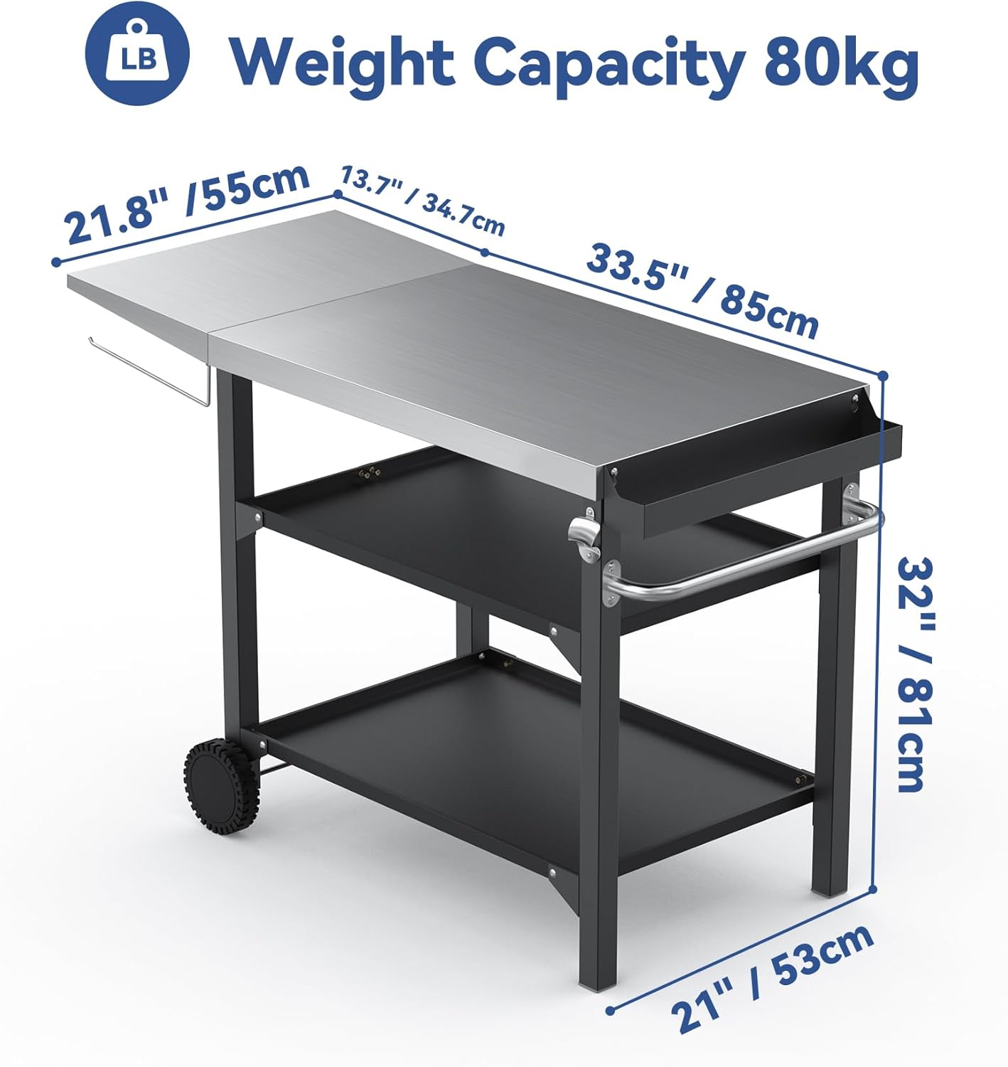 Onlyfire Carrello per Barbecue, Tavolo da Servizio da Giardino con Grande Piano e Tavolino in Acciaio Inox, Scaffali di Stoccaggio in Acciaio a Due Strati,per Grigliare e Cucinare All'aperto