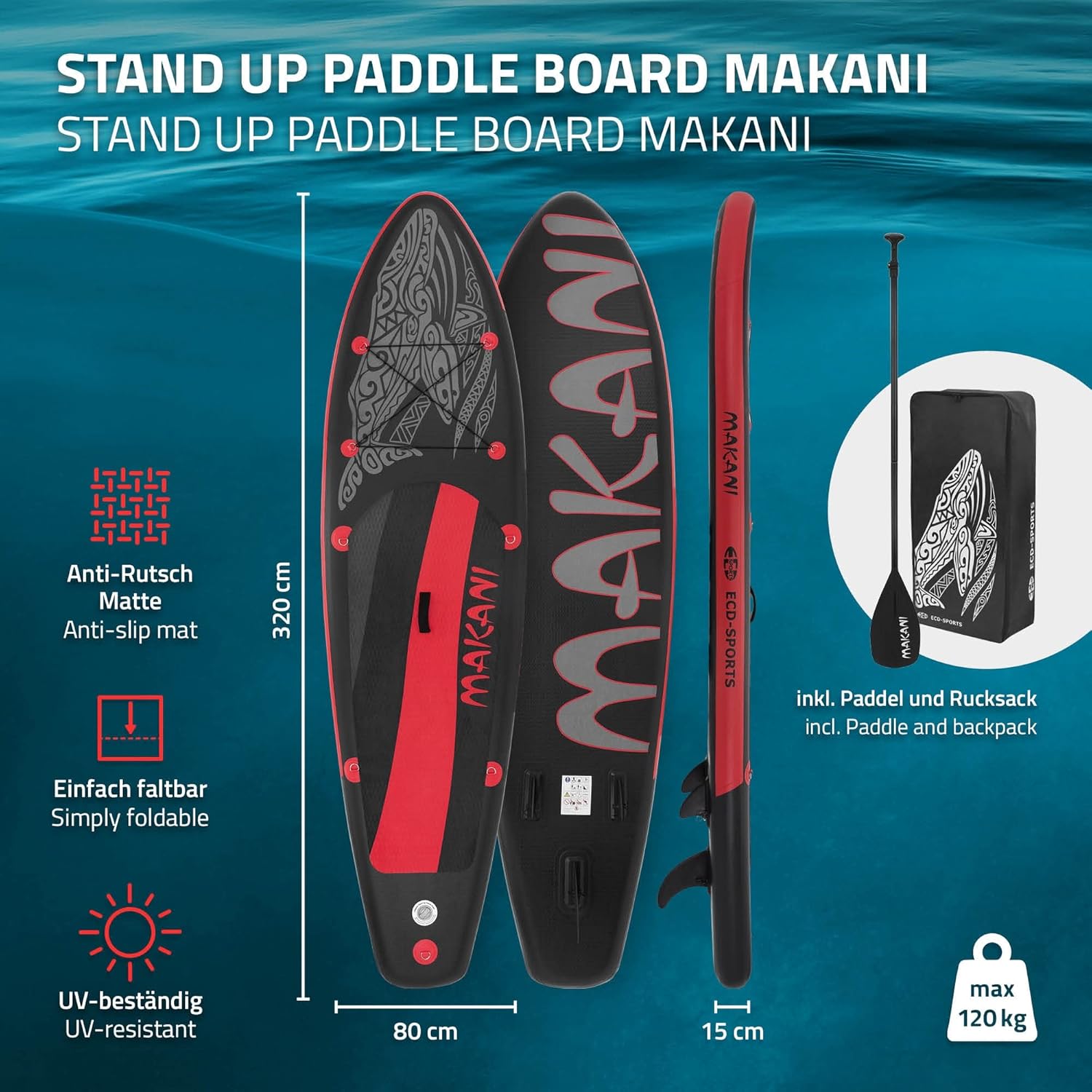 ECD Germany Stand Up Surf Paddle Board Gonfiabile 305/308/320/380 cm | PVC | fino a 120/150 kg | Spessore 10/15 cm | Tavola da Surf Pagaia Borsa da Trasporto Pompa ad Aria | Vari Colori Moi