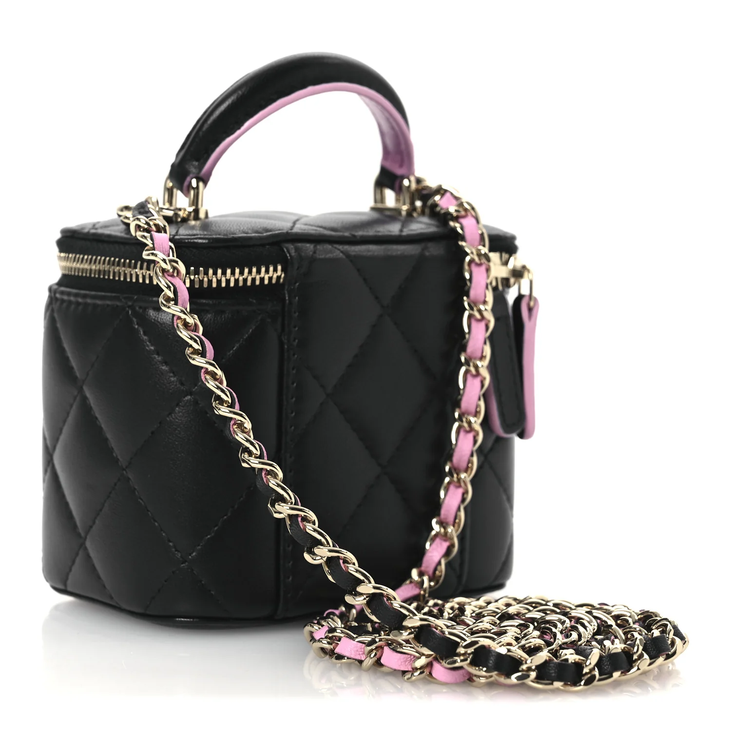 Lambskin Quilted Top Handle Mini Vanity Case With Chain Black Pink - Top Club