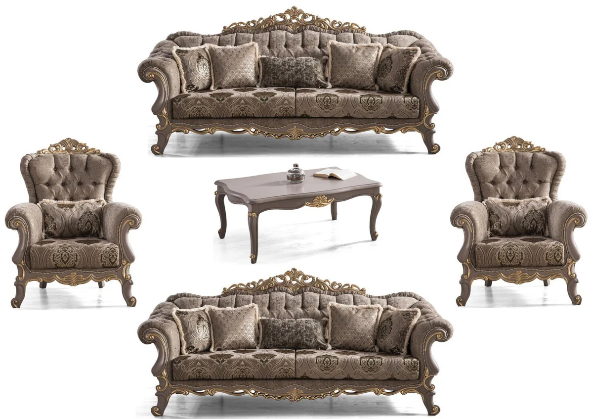 Luxury Baroque Living Room Set Brown / Gray / Gold - 2 Sofas & 2 Armchairs & 1 Coffee Table - Magnificent Baroque Living Room Furniture