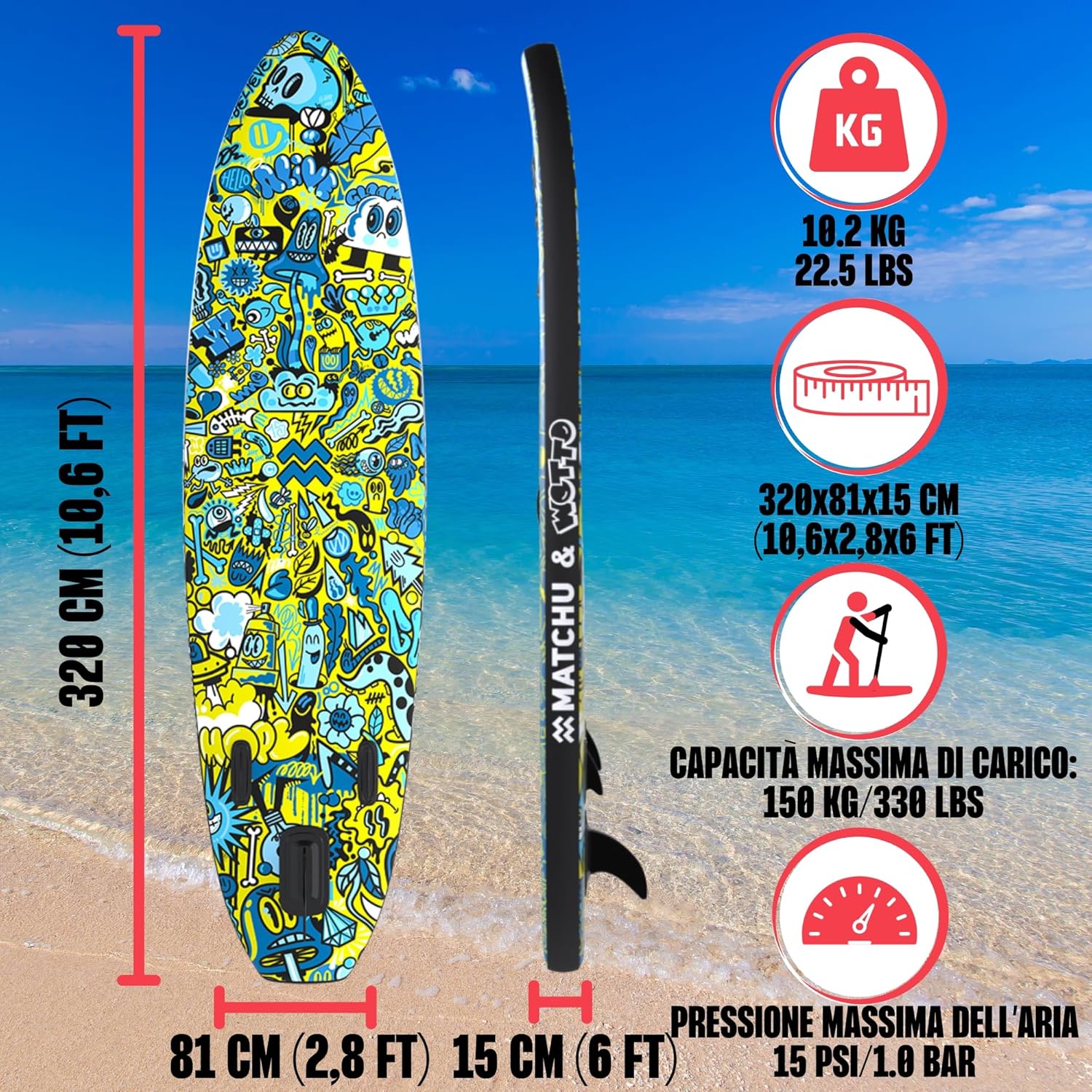 MATCHU - Sup Board gonfiabile - Paddle Board - Edizione limitata - Certificato - Set completo - 320 x 81 x 15 cm - Portata 150 kg - Collezione Art