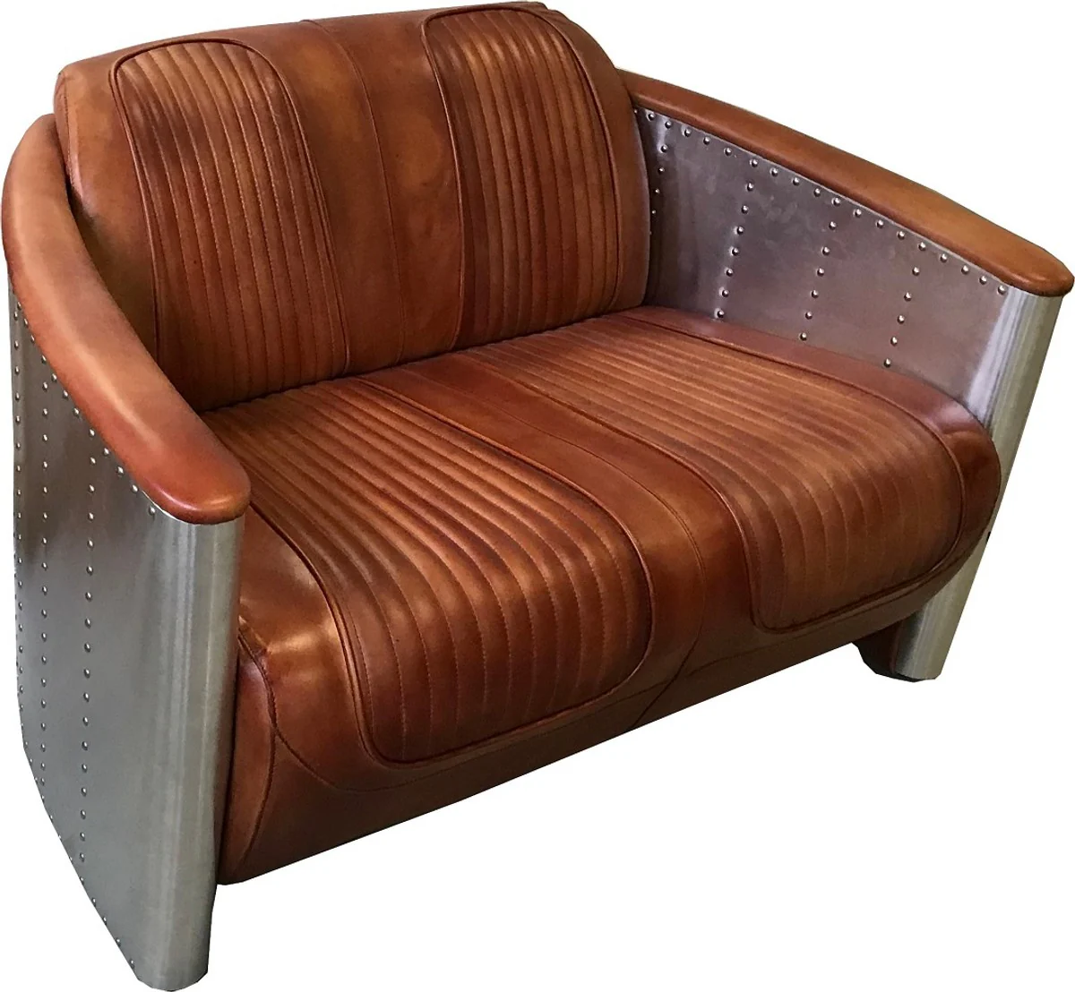 Luxury Art Deco leather sofa 122 x 70 x H. 82 cm - Various colors - Aluminum living room sofa with real leather - Aluminum airplane aviator sofa furniture